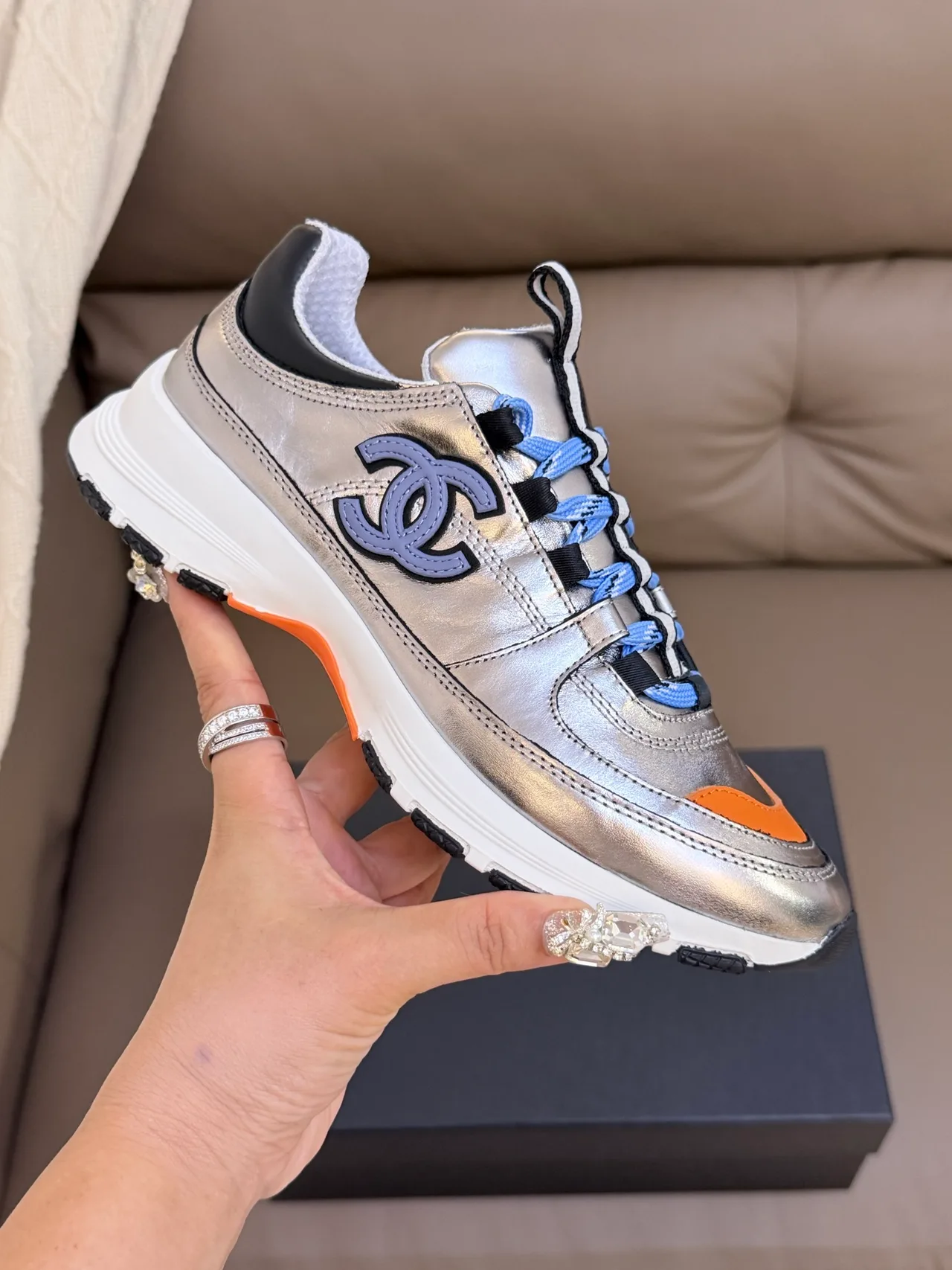 Chanel Cowhide Sheepskin Lace-Up Sneakers in Silver · view 7