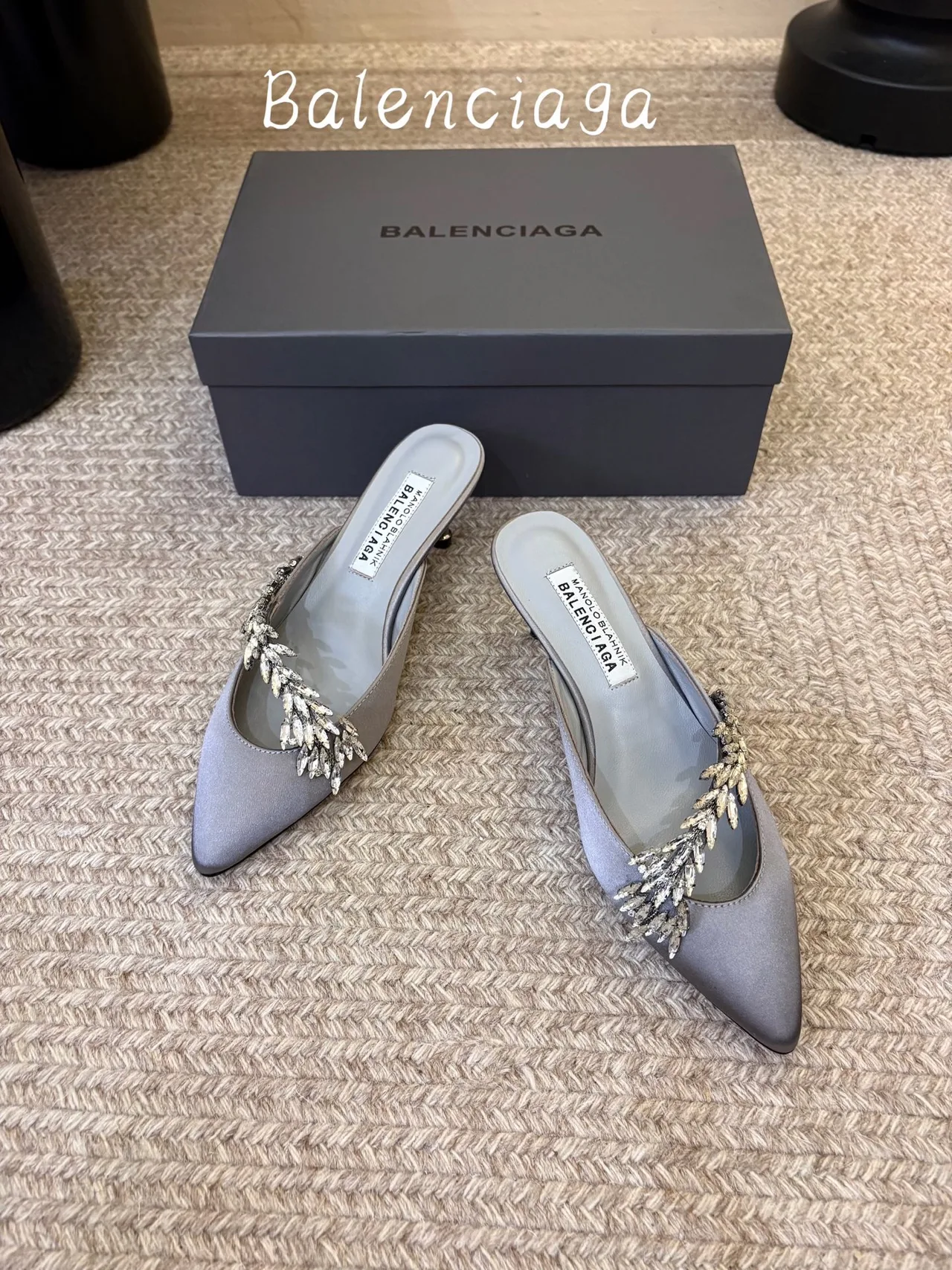 Balenciaga Silk Pointed-Toe Chain-Detail Mules in Grey · view 2