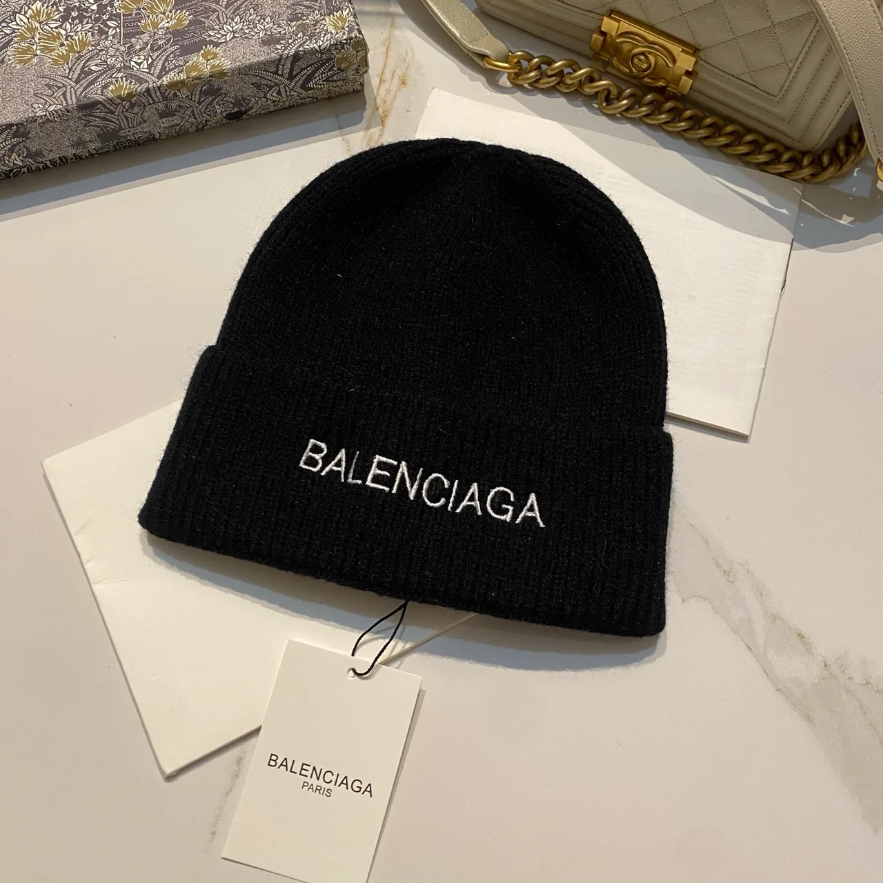 Balenciaga Logo knit beanie in Black & Beige & White & Grey · view 1