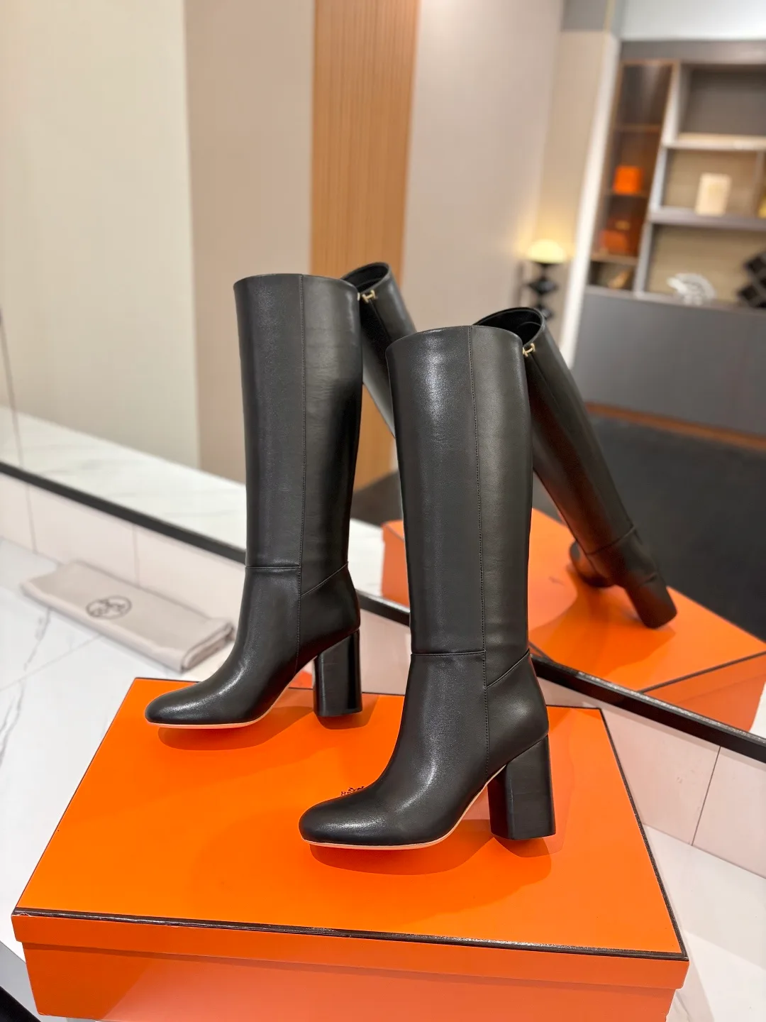 Hermes Cowhide Knee-High Boots in Black · view 5