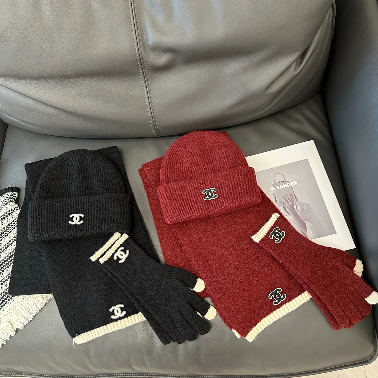 Chanel Hat Scarf and Gloves Set in Beige & Black & Burgundy & White · view 8