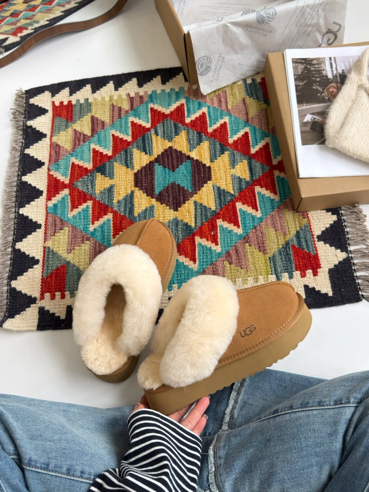 Smooth Plush-Cuff Platform Mules in Brown · view 6
