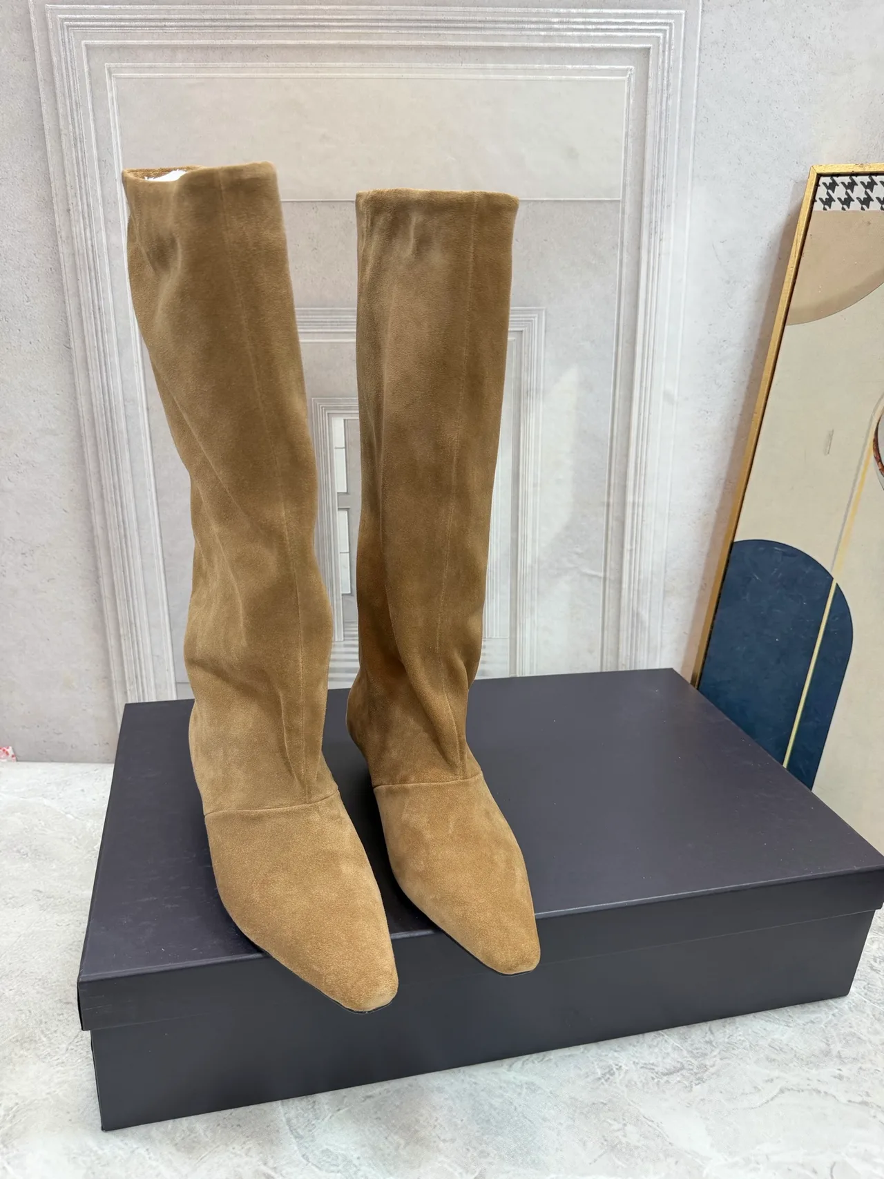 Suede-Look Pointed-Toe Round-Toe Knee-High Block-Heel Boots in Brown · view 1