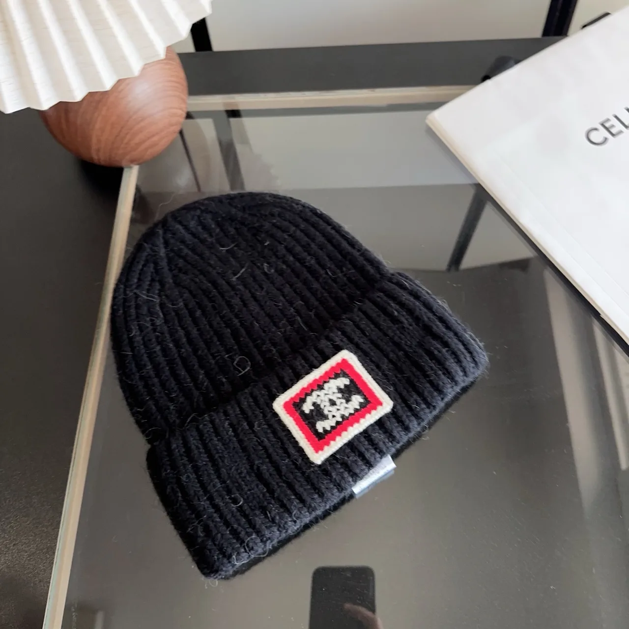 Celine Ribbed Beanie in Black · view 8