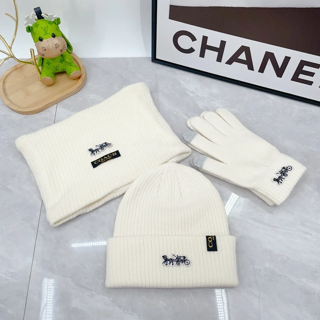 Coach Wool Ribbed Embroidered Hat Scarf and Gloves Set in White · view 1