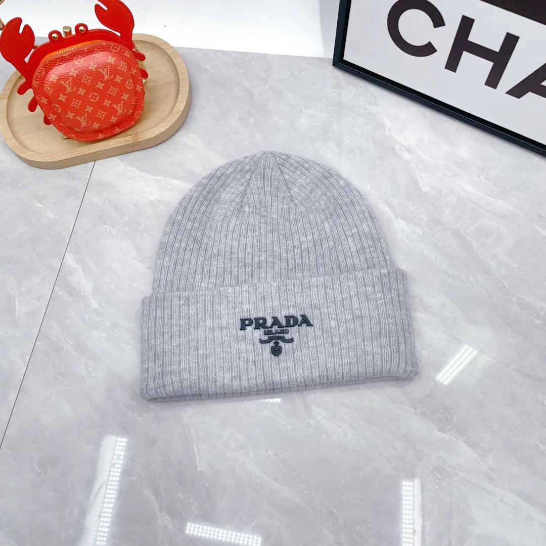 Prada Wool Ribbed Embroidered Hat Scarf and Gloves Set in Grey · view 5