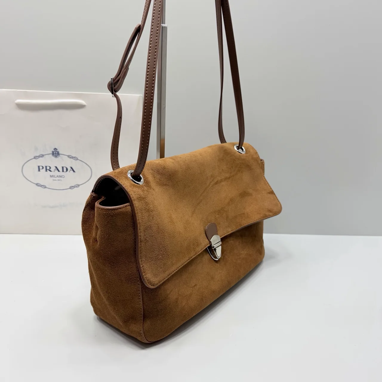 Prada Suede-Look Flap Shoulder Bag in Brown · view 4