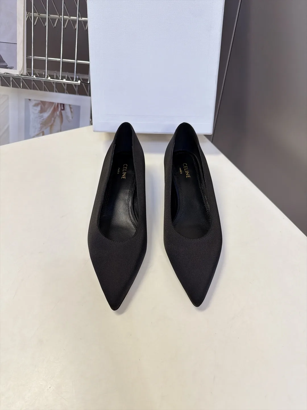 Celine Lambskin Matte Pointed-Toe Kitten Heel Pumps in Black · view 1