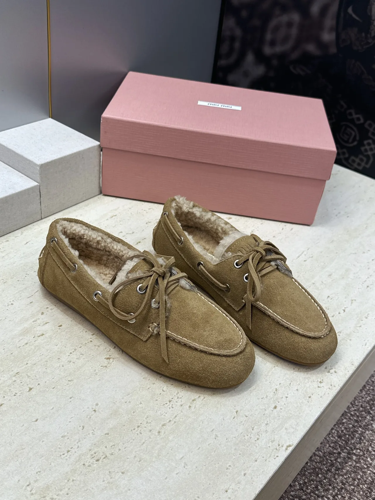 Miu Miu Calfskin Suede-Look Round-Toe Lace-Up Lined Moccasins in Brown · view 2