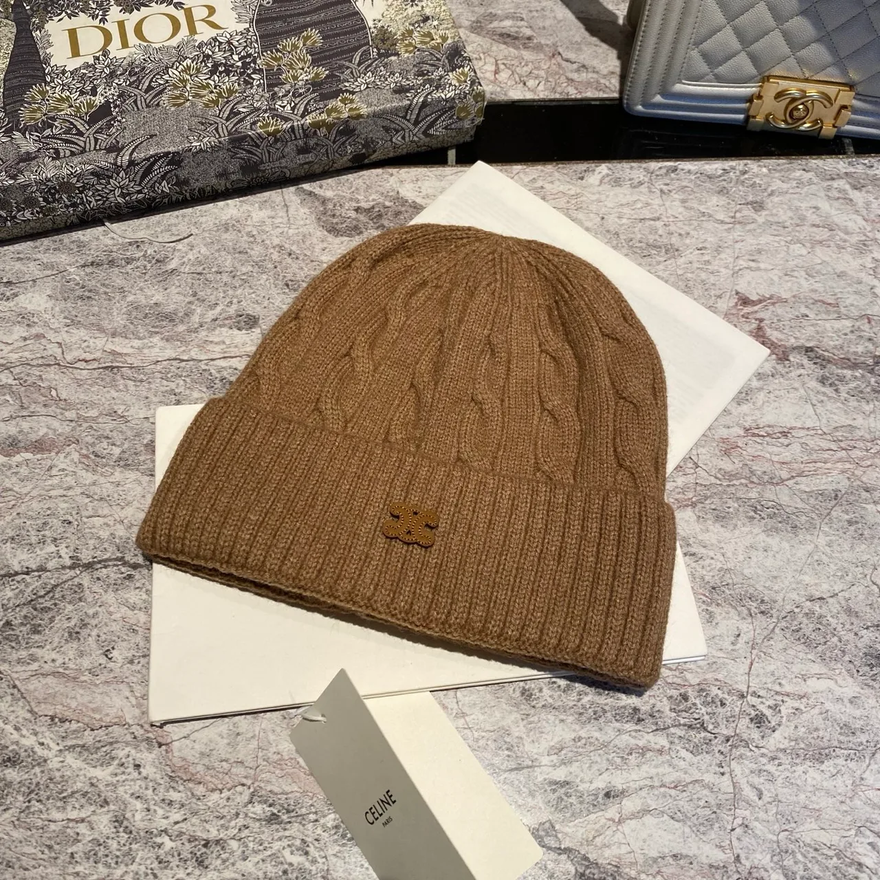 Celine Cable knit beanie in White & Black & Blue & Brown & Grey & Burgundy & Cream & Pink · view 4