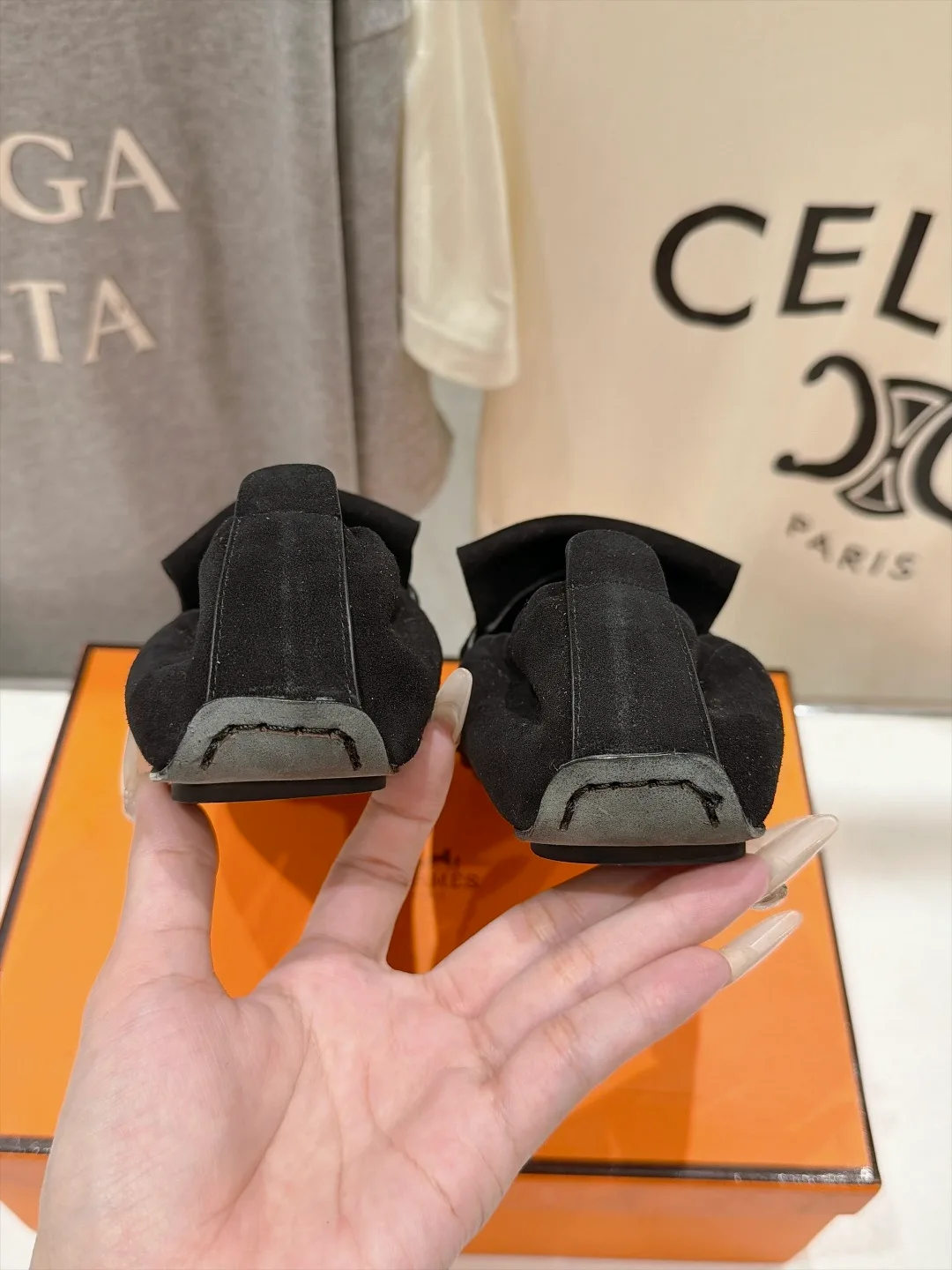 Celine Suede-Look Round-Toe Loafers in Black · view 8