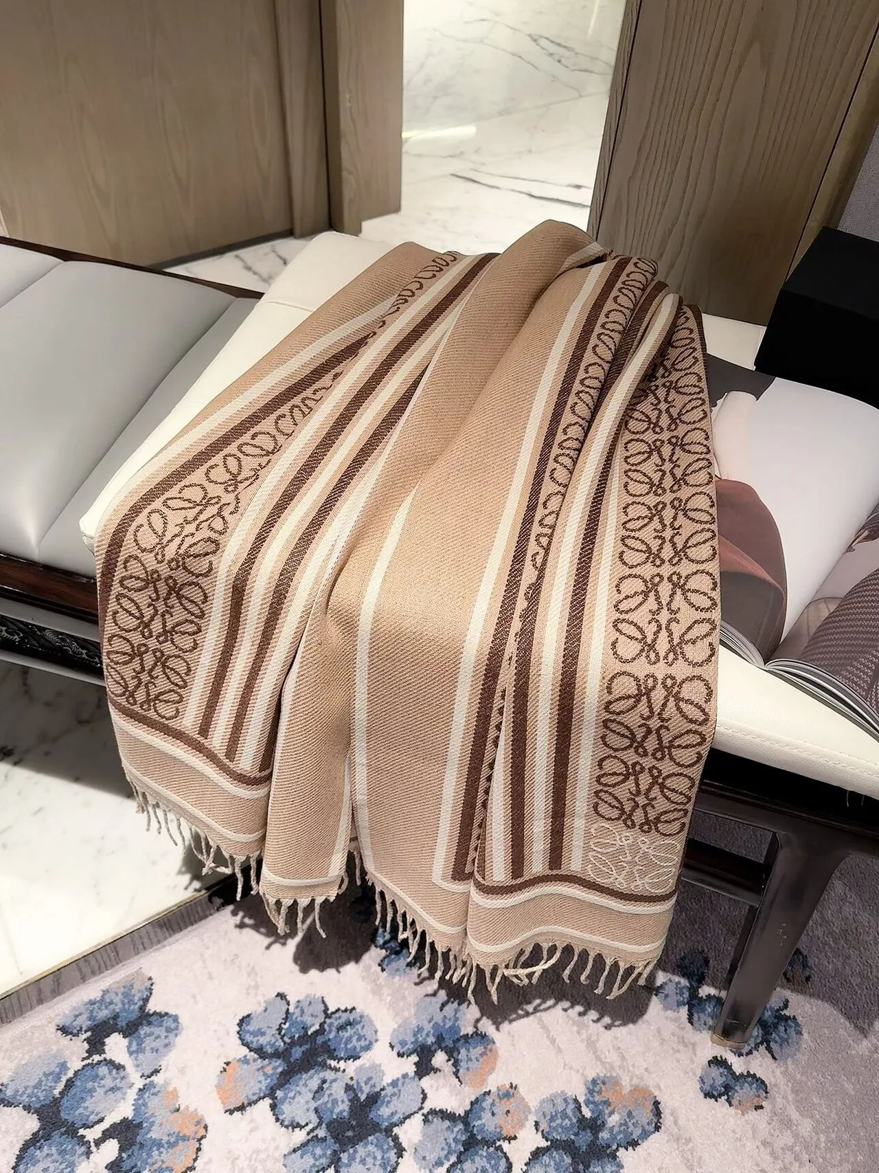 Loewe Striped Anagram fringed scarf in Beige & Brown · view 1