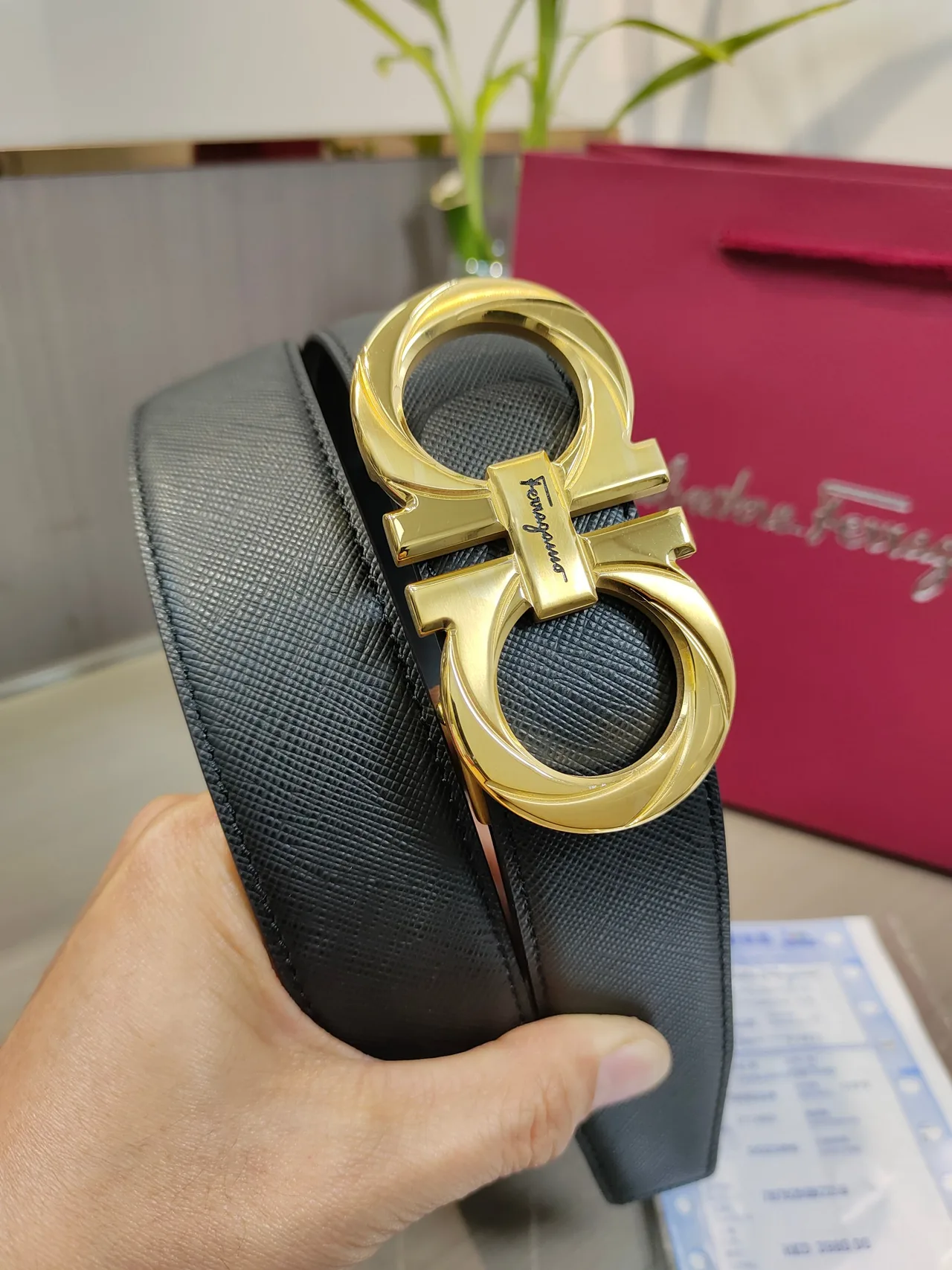 Ferragamo Calfskin Glossy Belt in Black · view 7