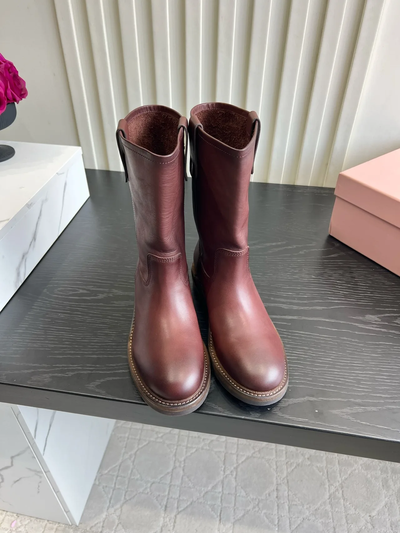Miu Miu Cowhide Smooth Round-Toe Mid-Calf Boots in Burgundy · view 1
