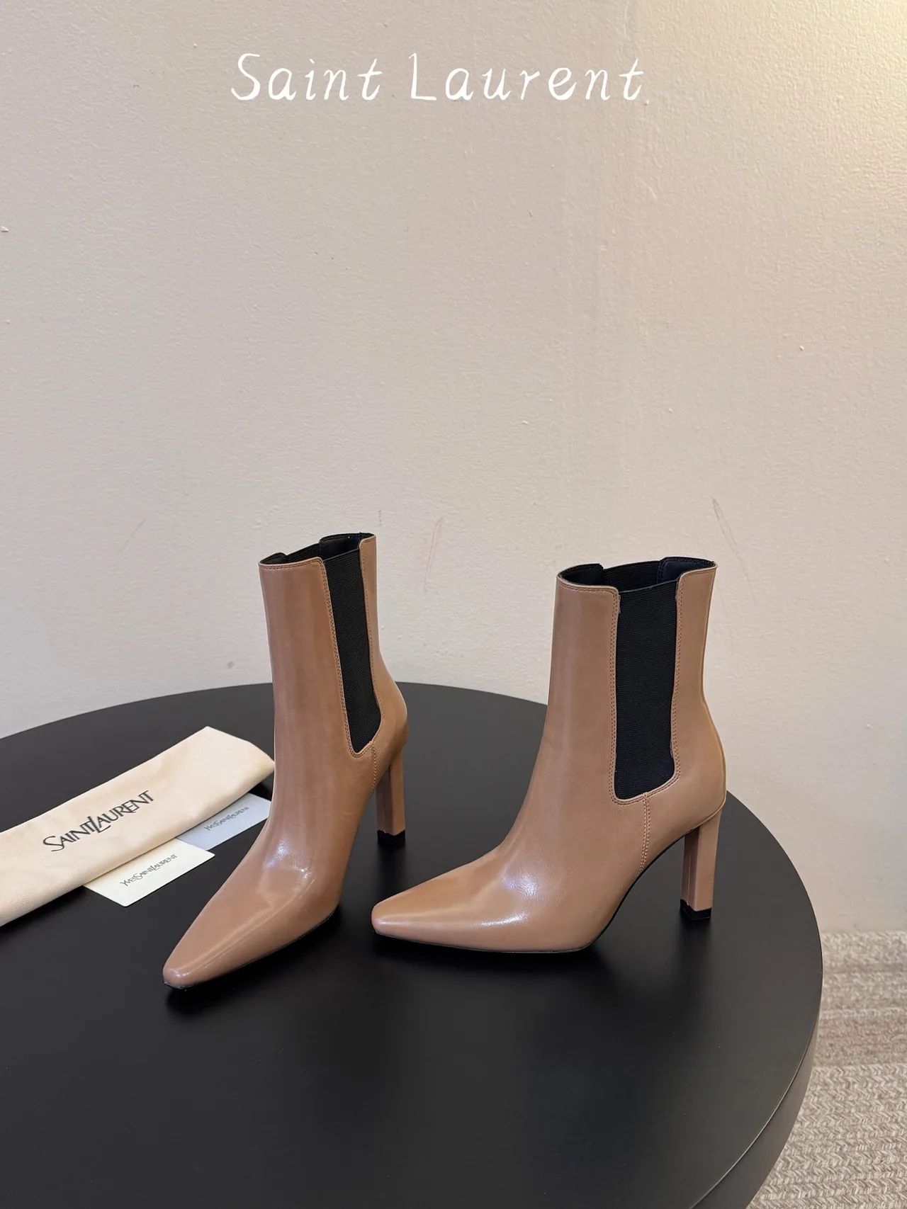 Saint Laurent Cowhide Sheepskin Glossy Pointed-Toe Chelsea Heel Boots in Beige · view 3