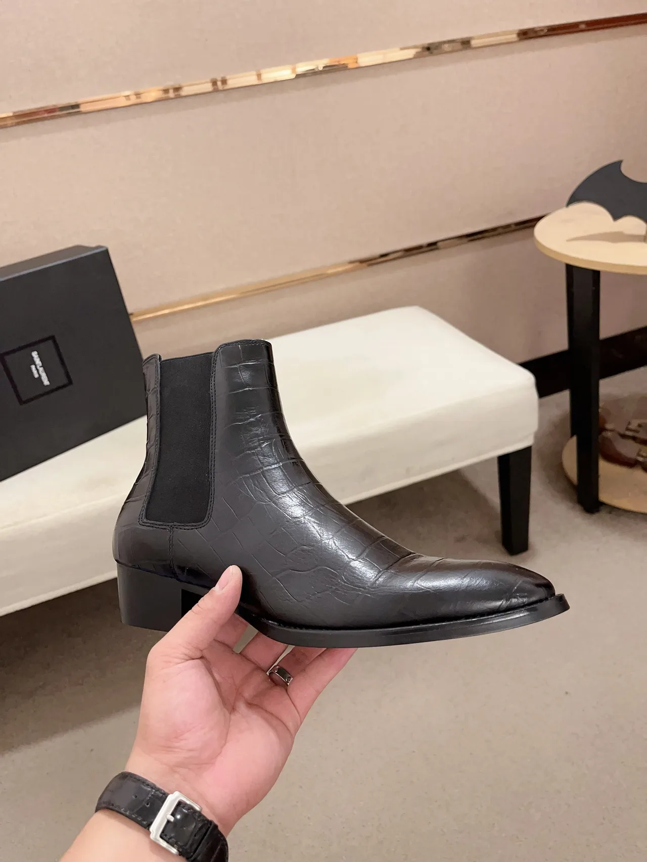 Saint Laurent Cowhide Glossy Pointed-Toe Ankle Boots in Black · view 5