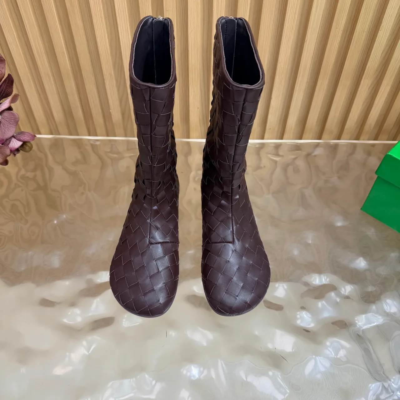 Bottega Veneta Smooth Woven Mid-Calf Boots in Brown · view 5