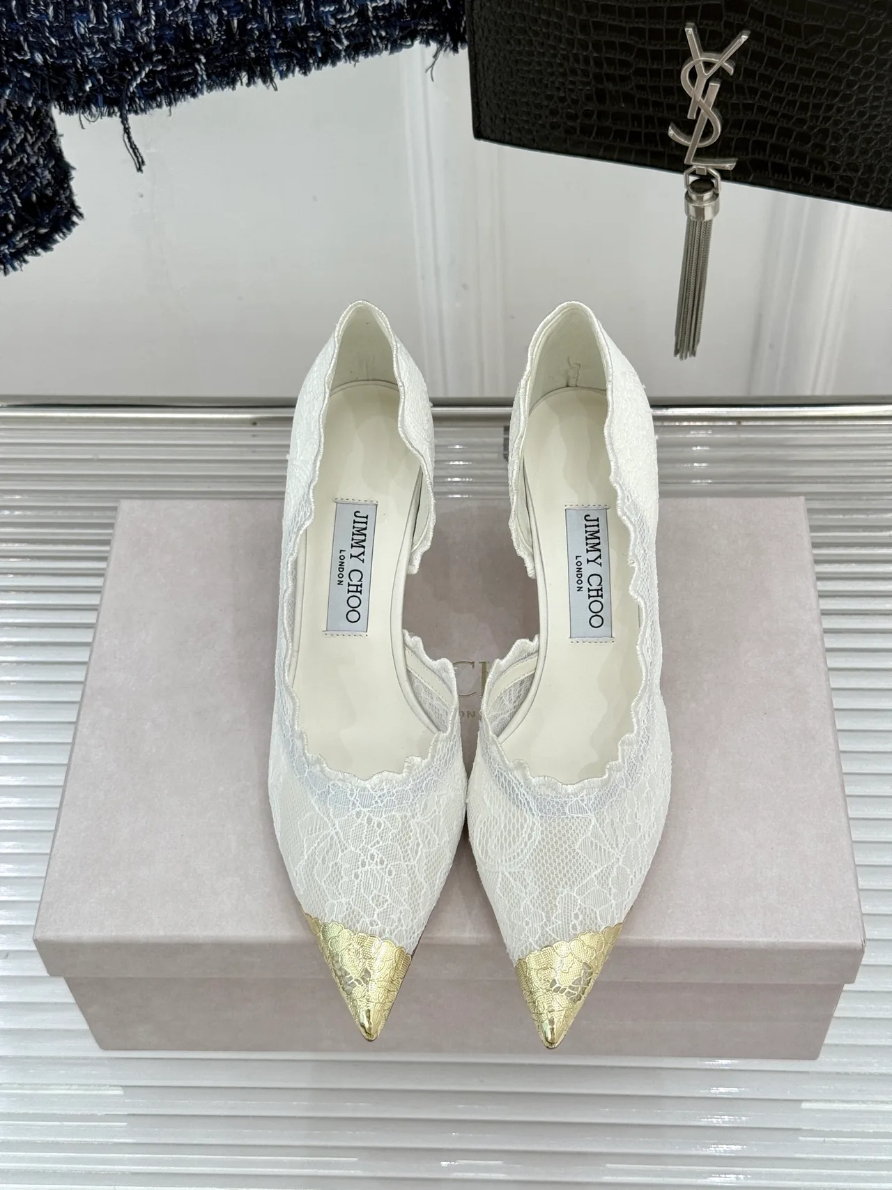 Jimmy Choo Pointed-Toe Lace Heel Pumps in White · view 1