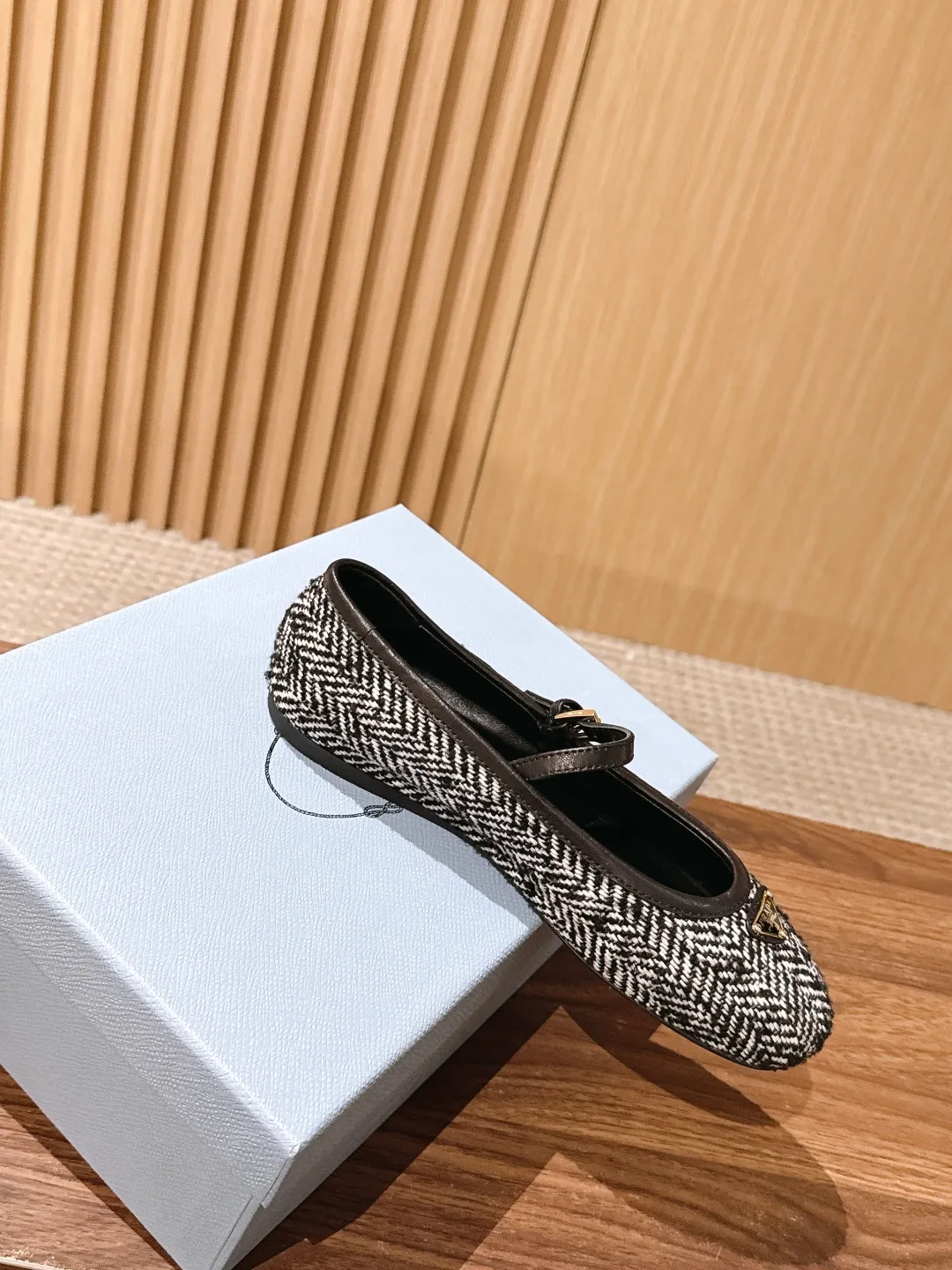 Prada Glossy Round-Toe Mary Jane Flats in Black · view 3