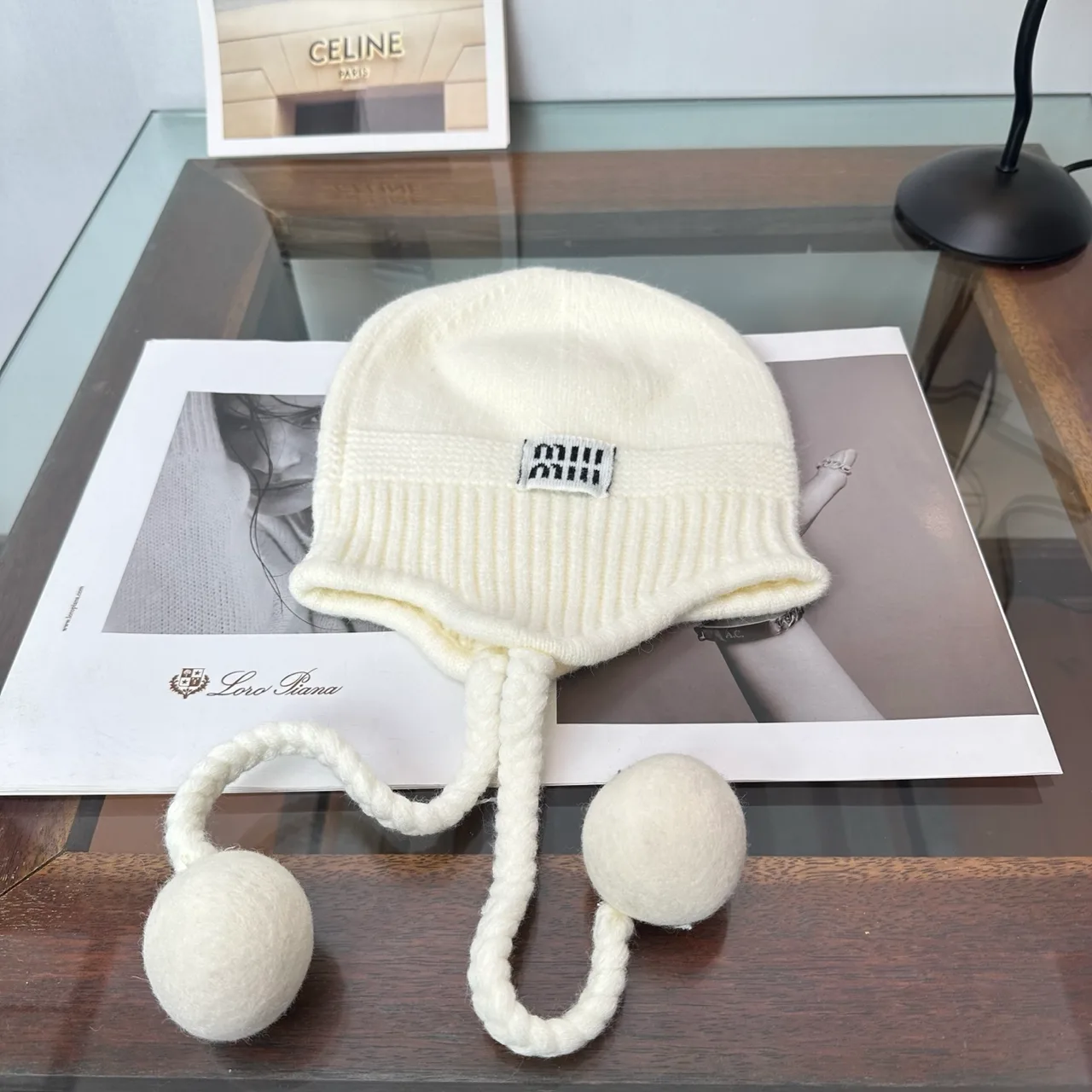 Miu Miu Earflap Beanie in Beige & Grey & Black · view 1