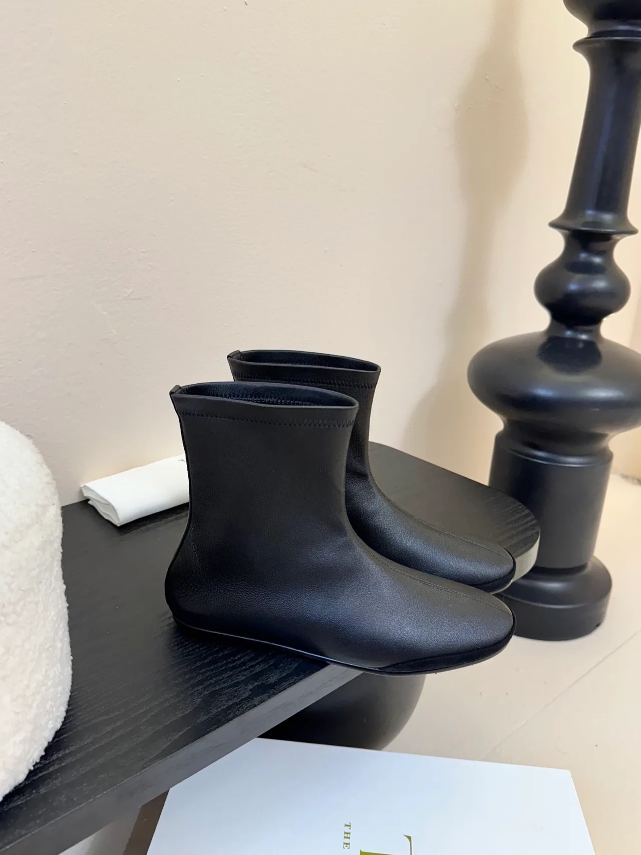 Sheepskin Round-Toe Minimal Ankle Boots in Black · view 1