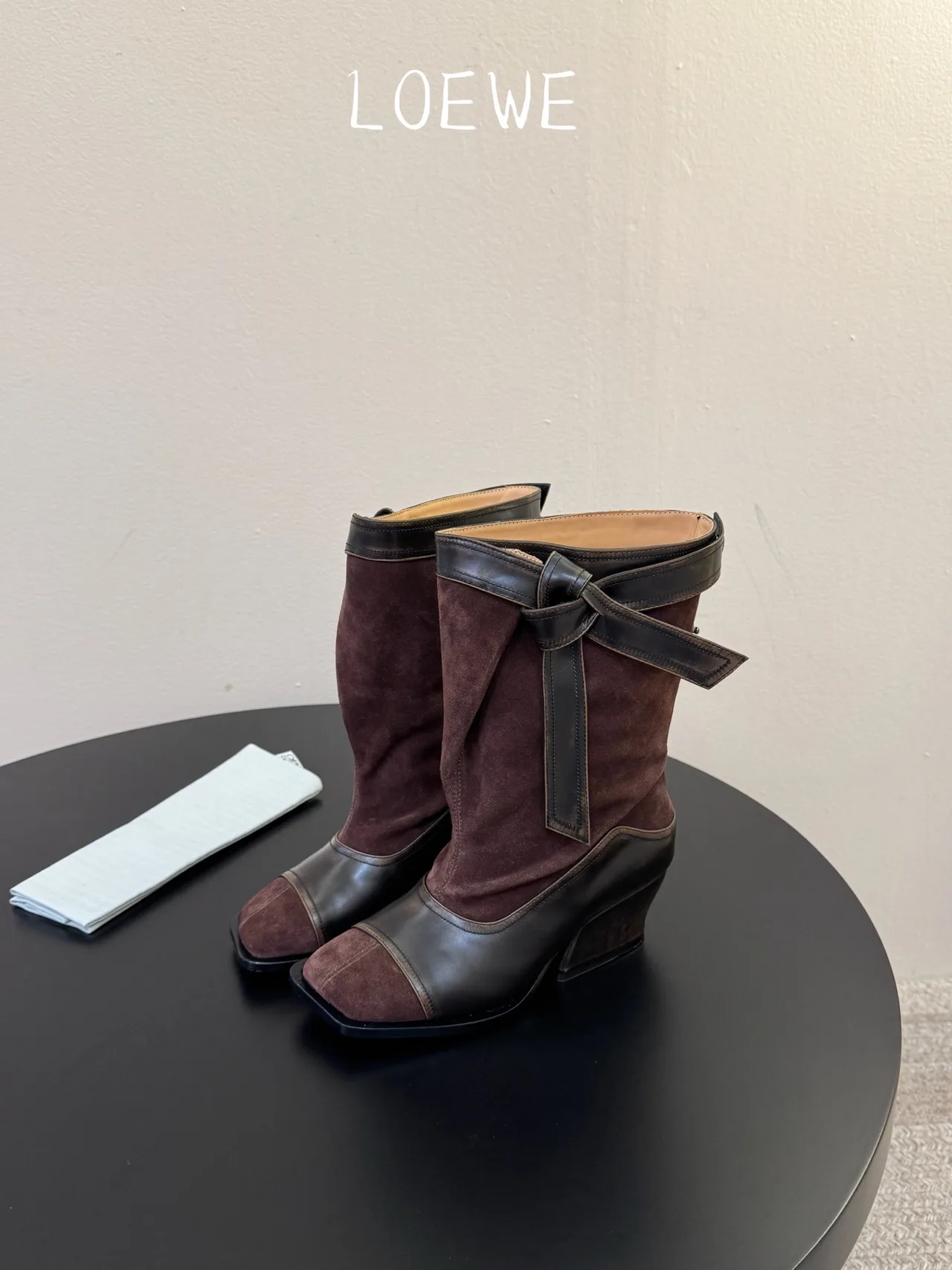 Loewe Cowhide Suede-Look Pointed-Toe Bow Ankle Boots in Brown · view 5