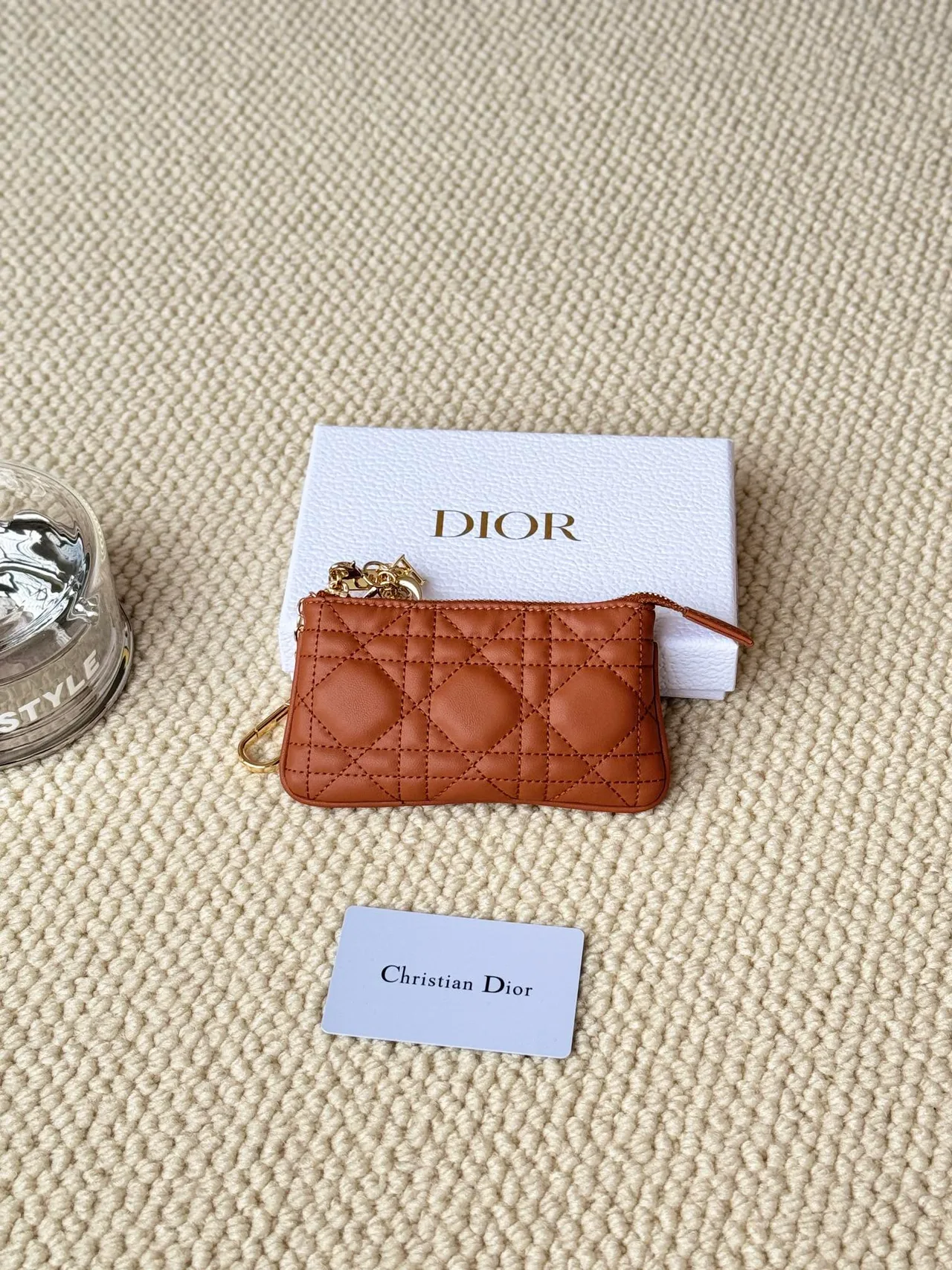 Dior Lambskin Quilted Zip Key Pouch in Brown · view 1