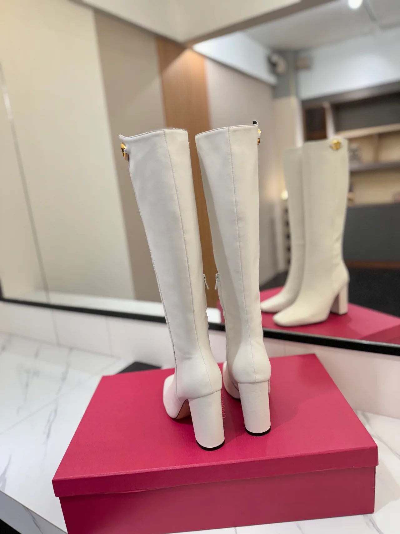 Valentino Cowhide Glossy Pointed-Toe Knee-High Boots in White · view 7