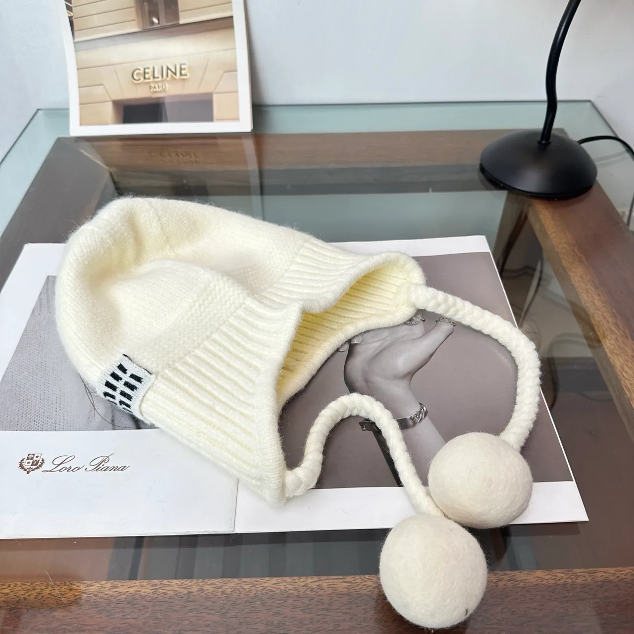 Miu Miu Earflap Beanie in Beige & Grey & Black · view 6
