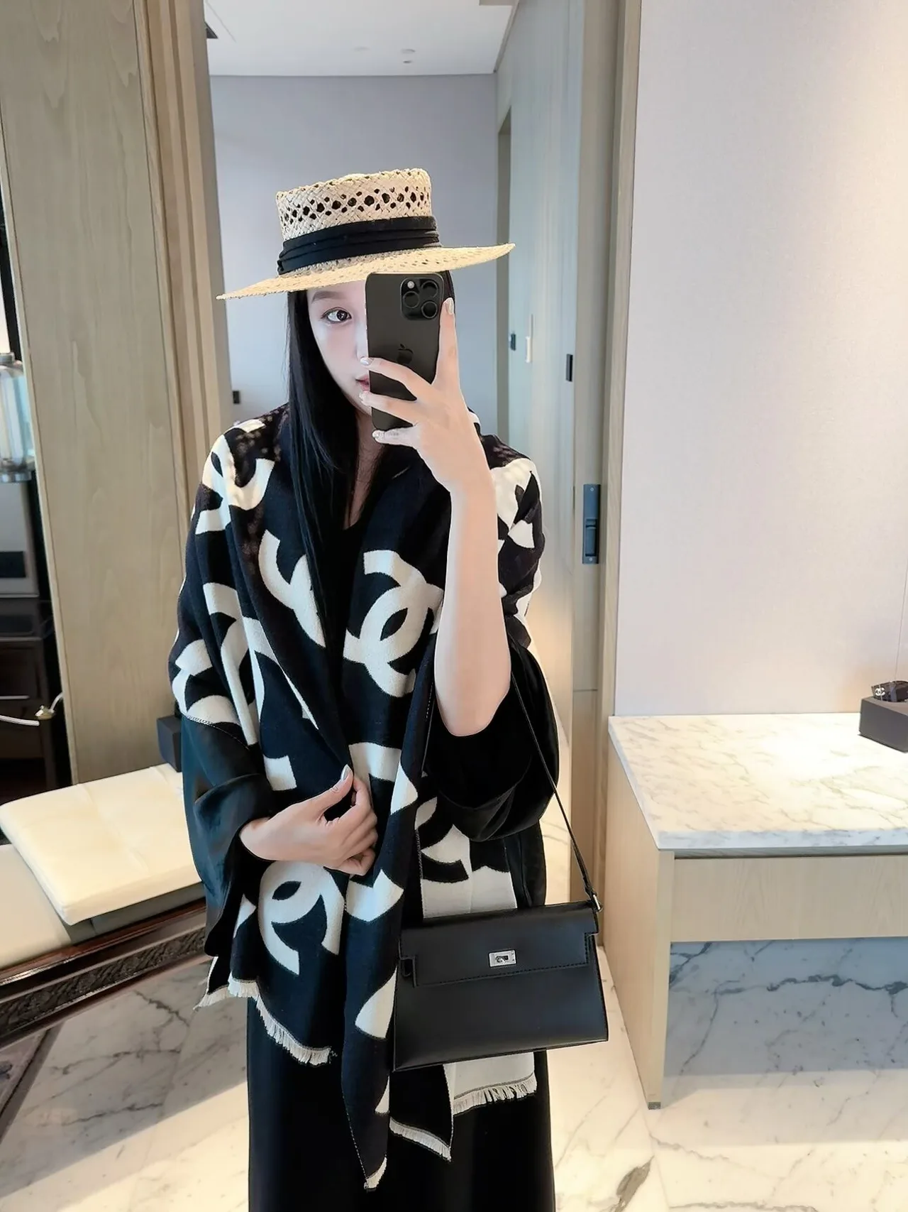 Chanel CC Jacquard Scarf in Beige & Black · view 5