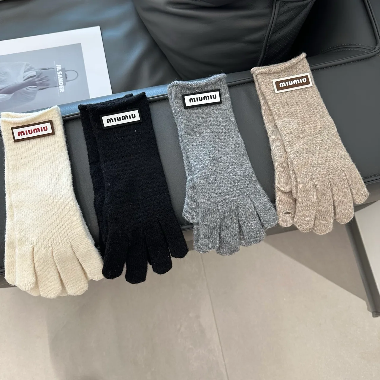 Miu Miu Hat Scarf and Gloves Set in White & Black & Grey & Beige · view 5