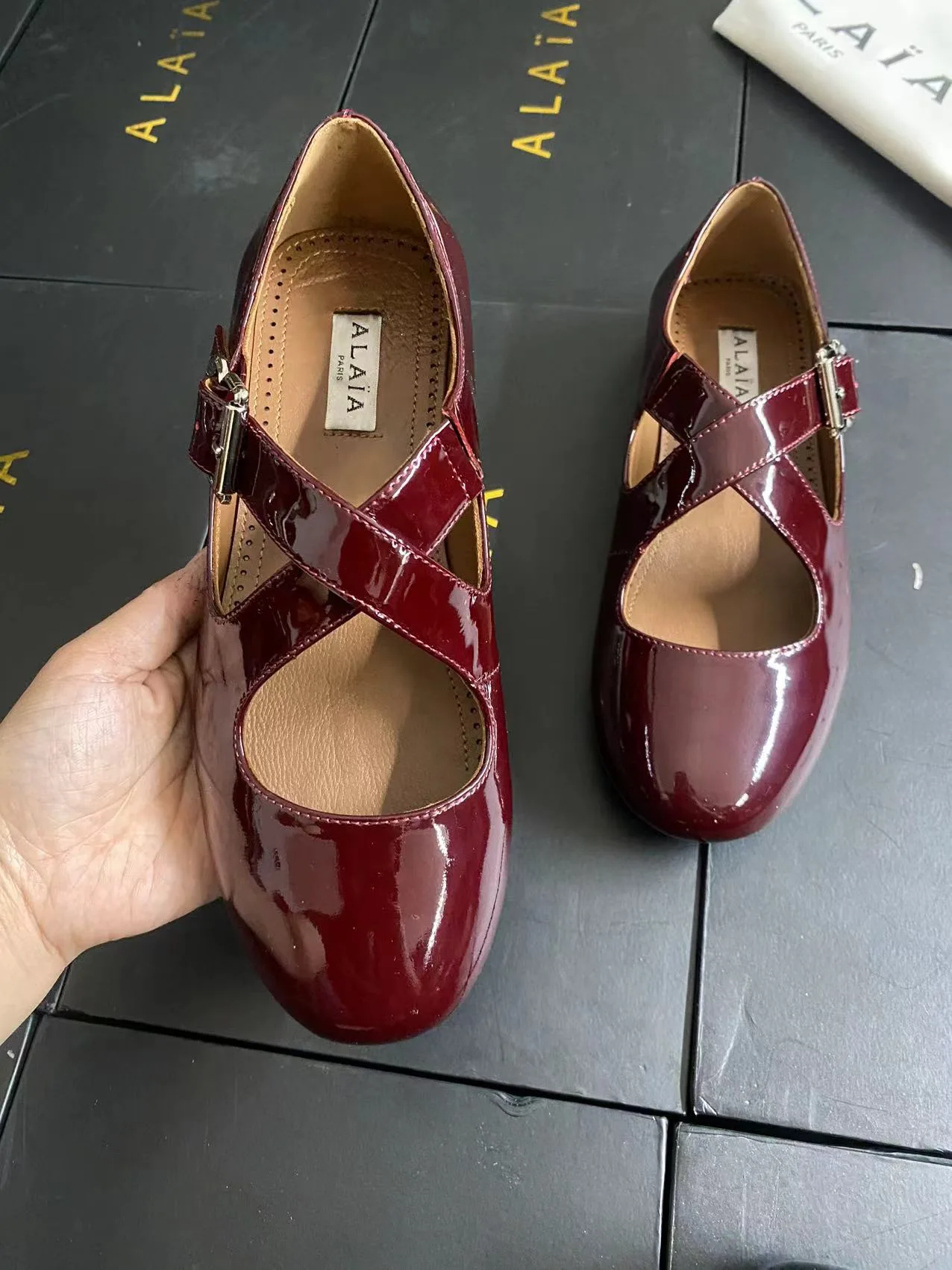 Alaia Cowhide Sheepskin Glossy Square-Toe Buckle Cross-Strap Mary Jane Flats in Burgundy · view 7