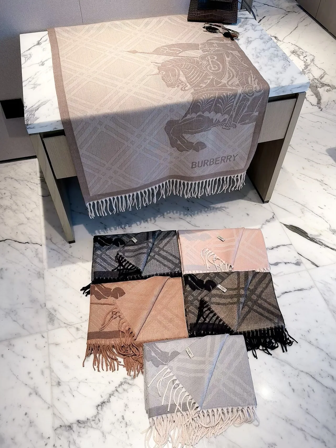 Burberry Knight and Check Fringe Scarf in Grey & Blue & Pink & Brown · view 1