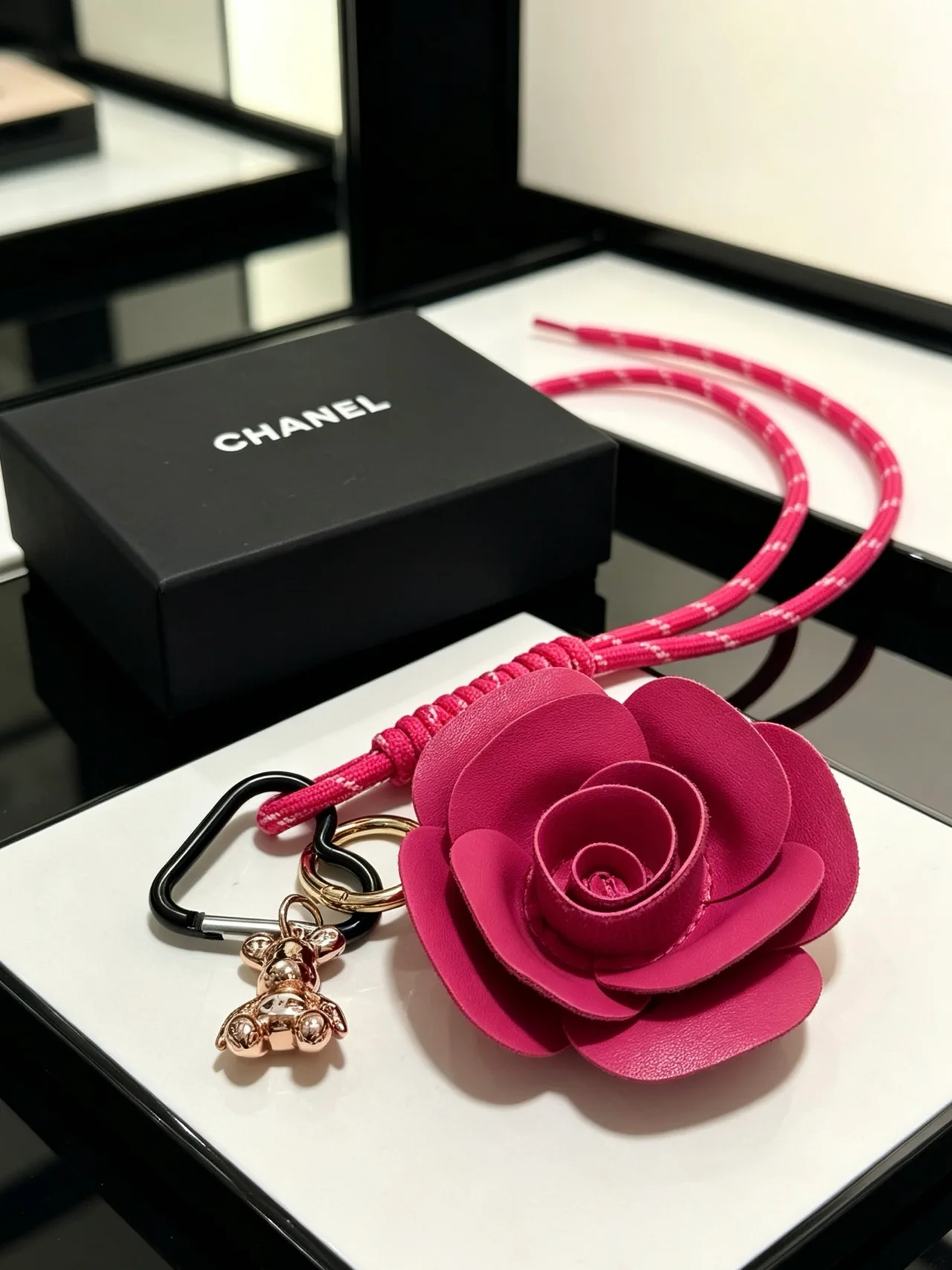 Chanel Woven Rose Keychain in Pink · view 5