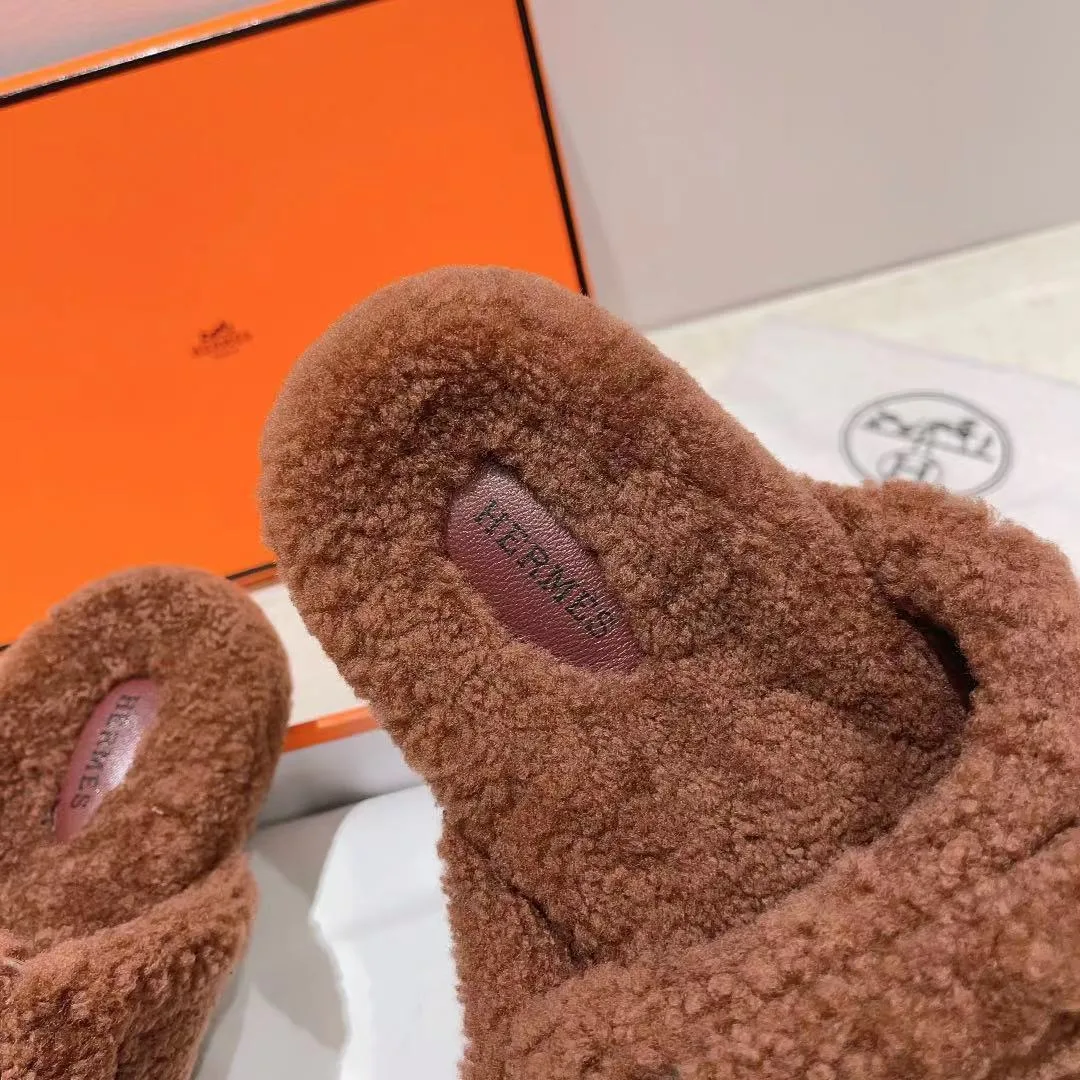Hermes Sheepskin Chypre Shearling Slides in Brown · view 8