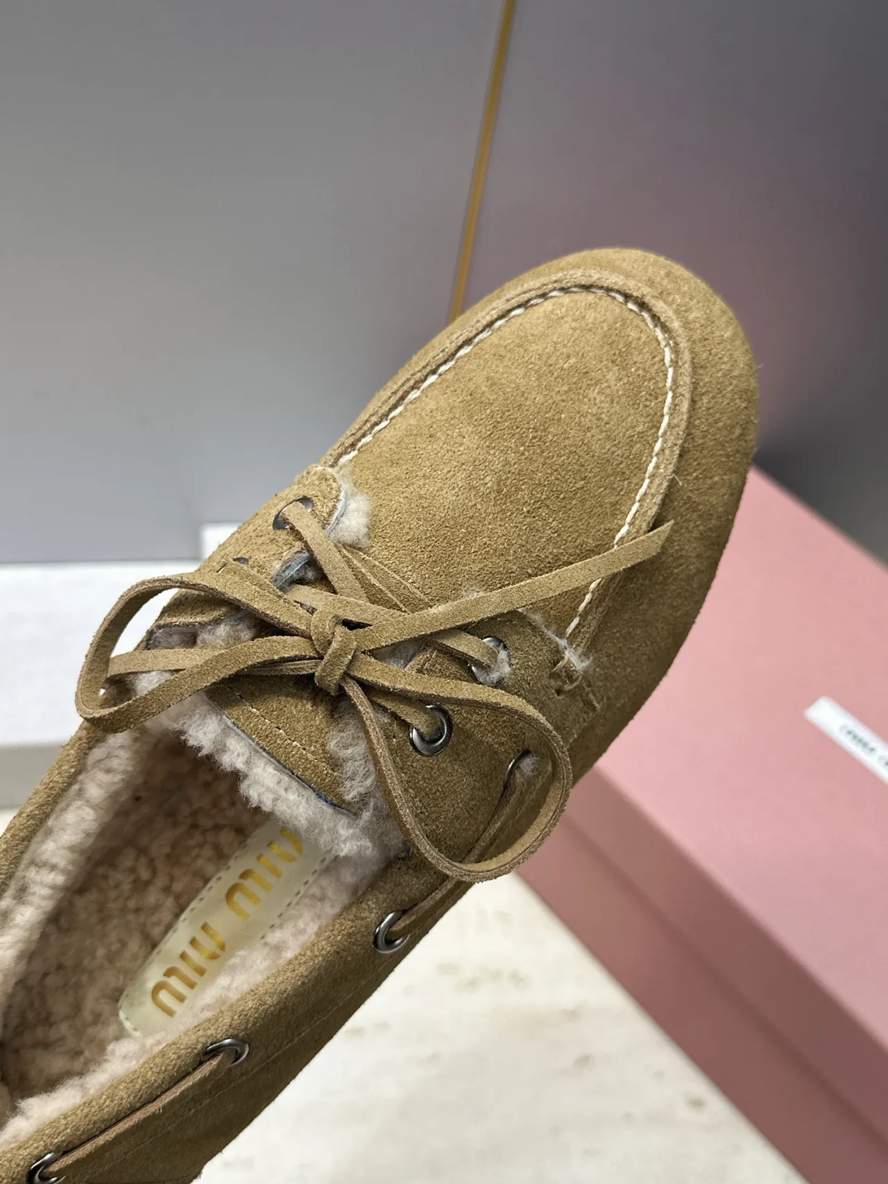 Miu Miu Calfskin Suede-Look Round-Toe Lace-Up Lined Moccasins in Brown · view 7