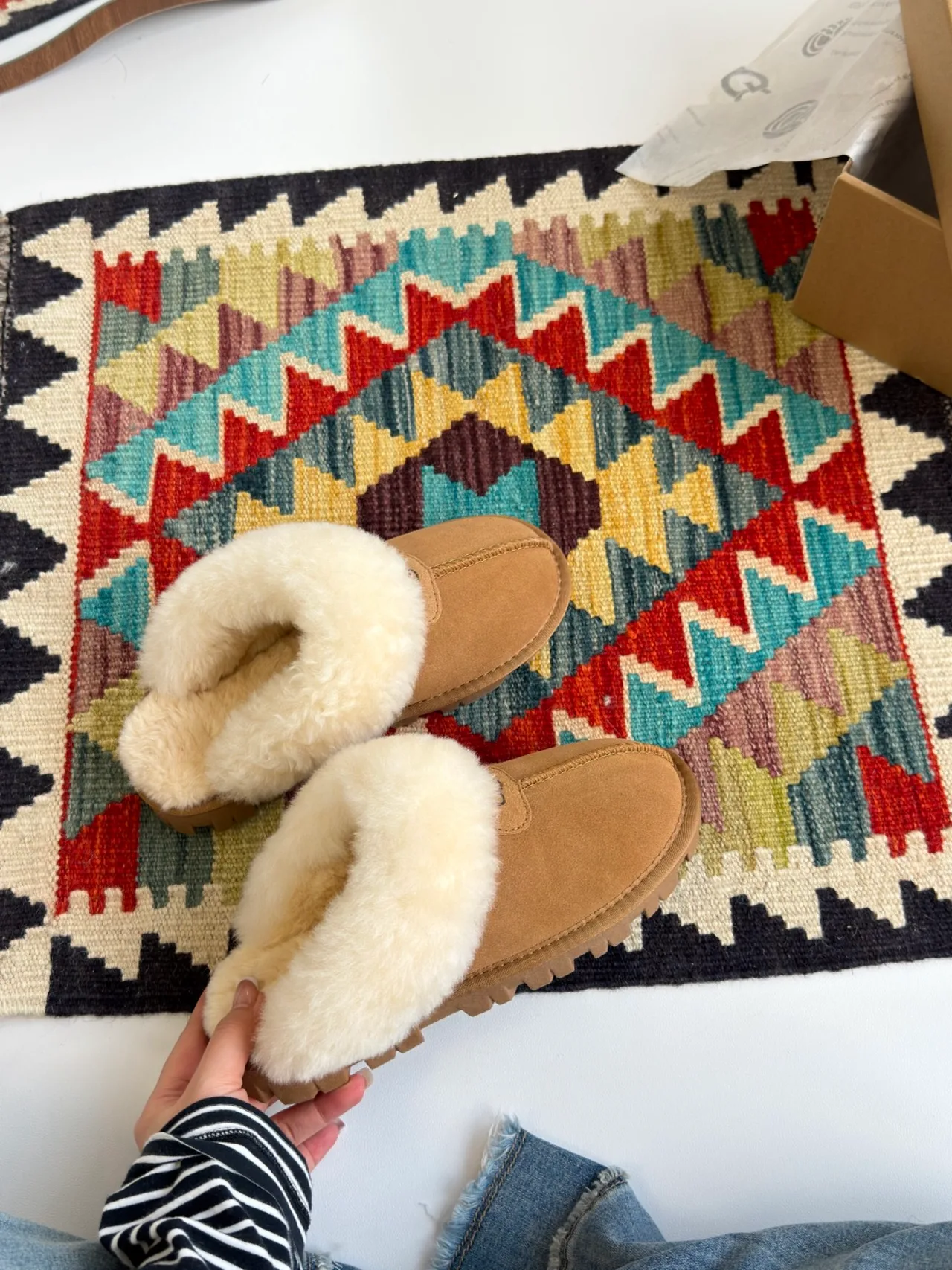 Round-Toe Plush-Cuff Flat Mules in Brown · view 3