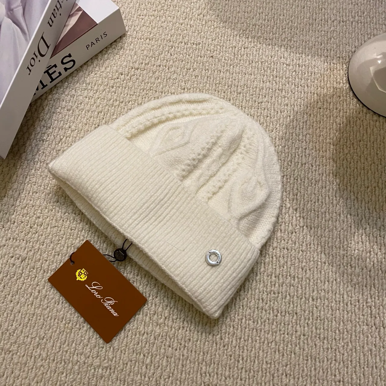 Loro Piana Cable-Emblem Beanie in Black & White & Tan & Grey & Pink & Brown & Blue · view 2