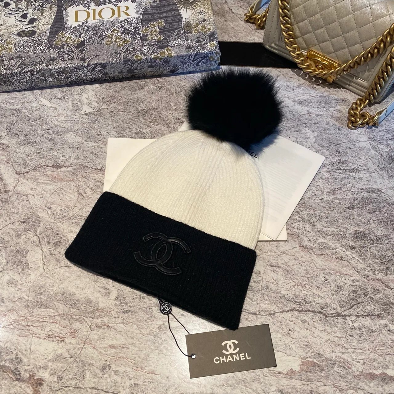 Chanel Pom-Pom Beanie in White & Black & Tan · view 1