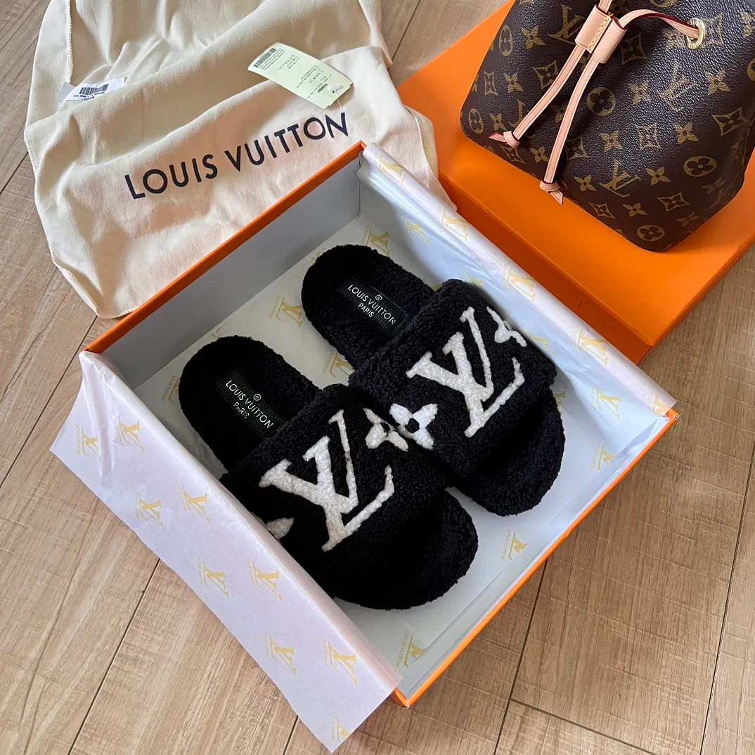 Louis Vuitton LV Plush Slides in Brown / Black / Pink / White / Grey / Green · view 3