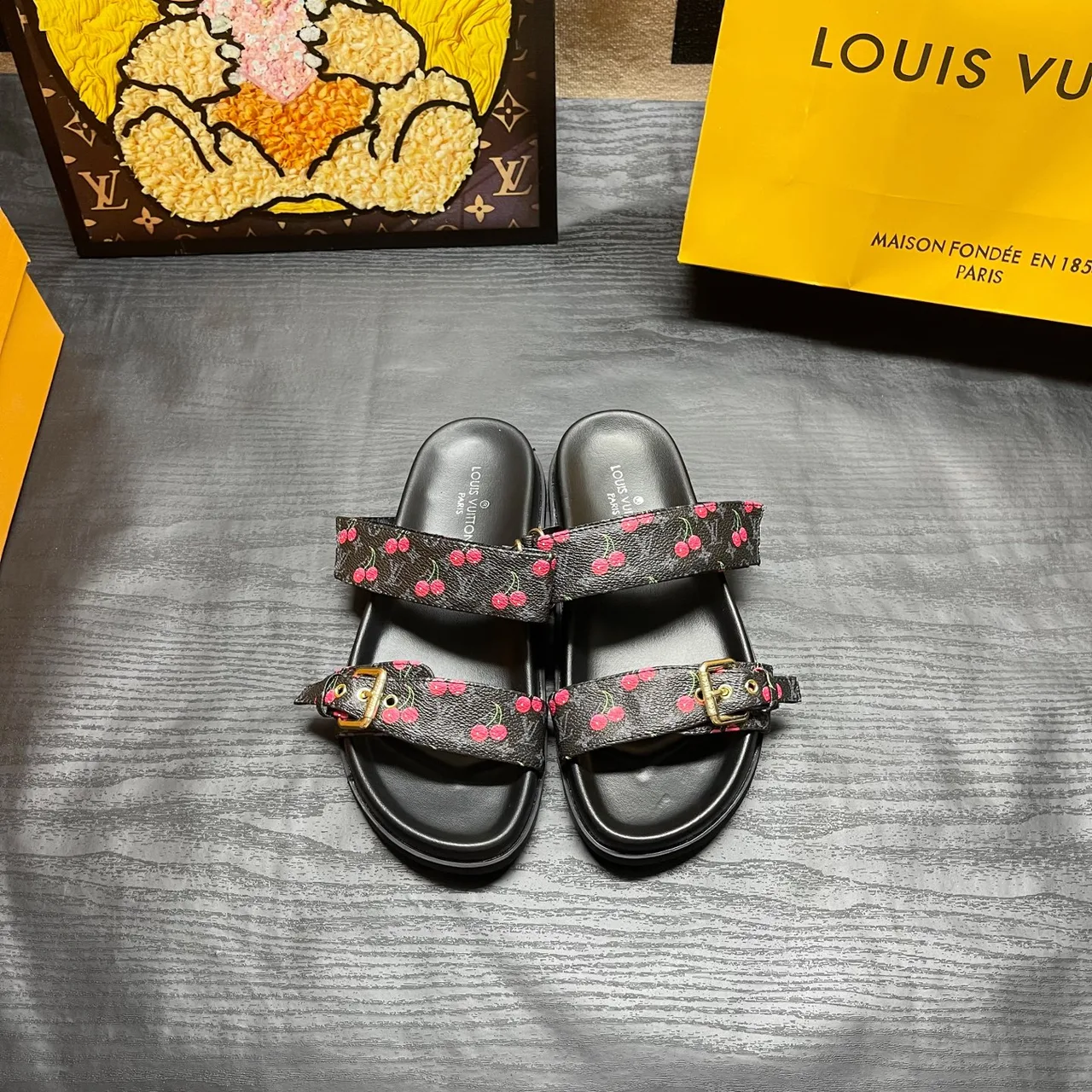 Louis Vuitton Two-Strap Buckle Slides in Black / White / Brown / Blue · view 2