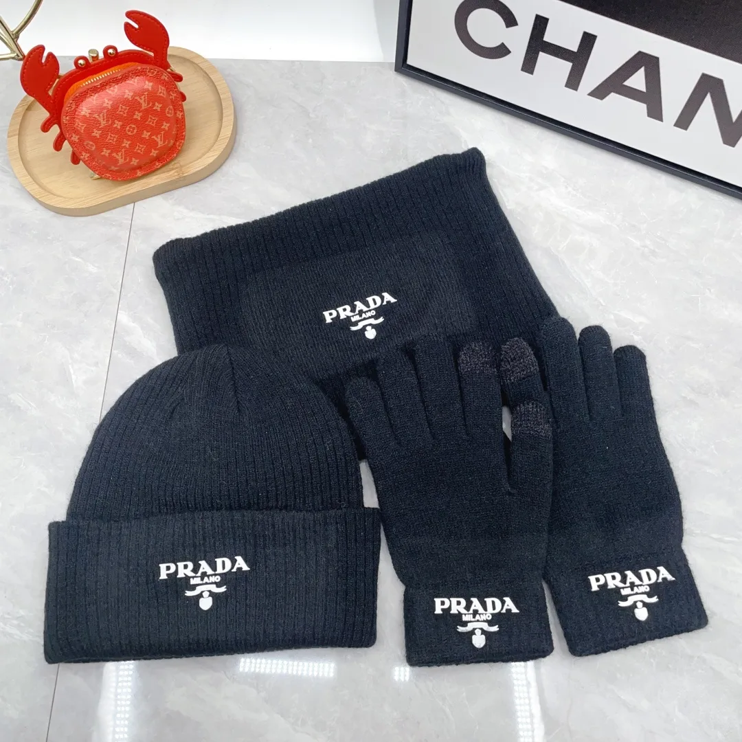 Prada Wool Ribbed Embroidered Hat Scarf and Gloves Set in Black · view 2