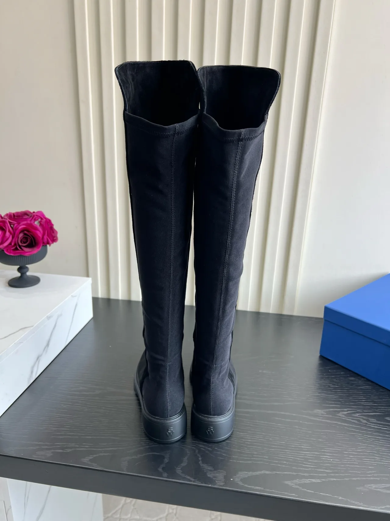 Stuart Weitzman Sheepskin Suede-Look Round-Toe Over-the-Knee Boots in Black · view 5