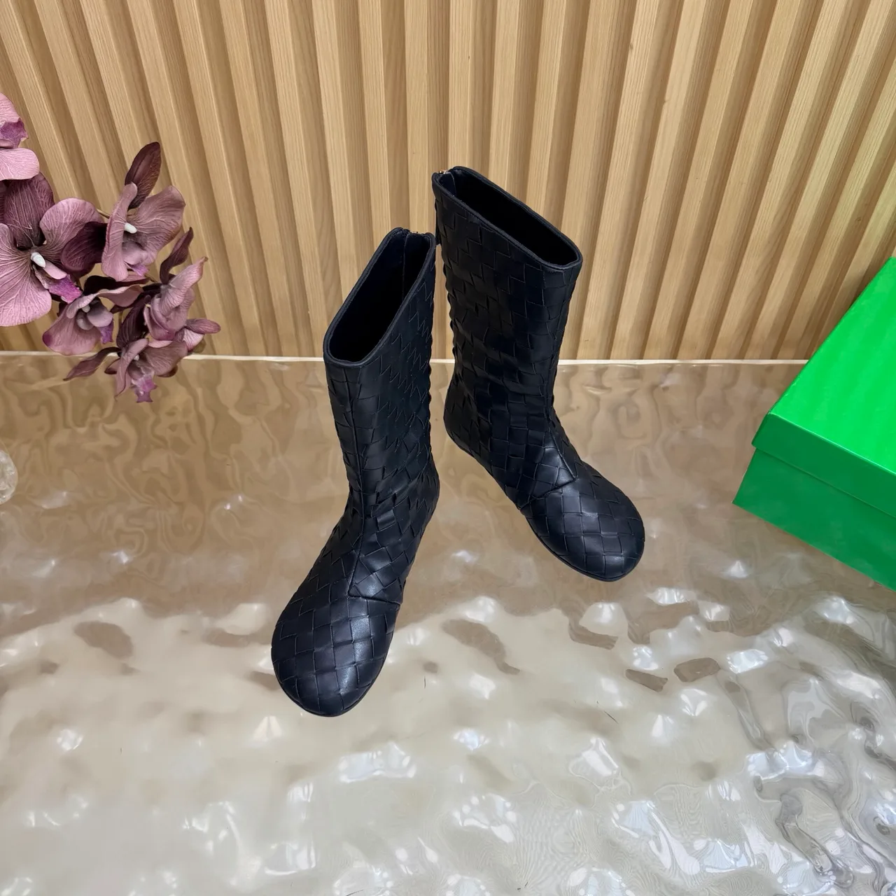 Bottega Veneta Quilted Woven Pointed-Toe Ankle Boots in Black · view 6