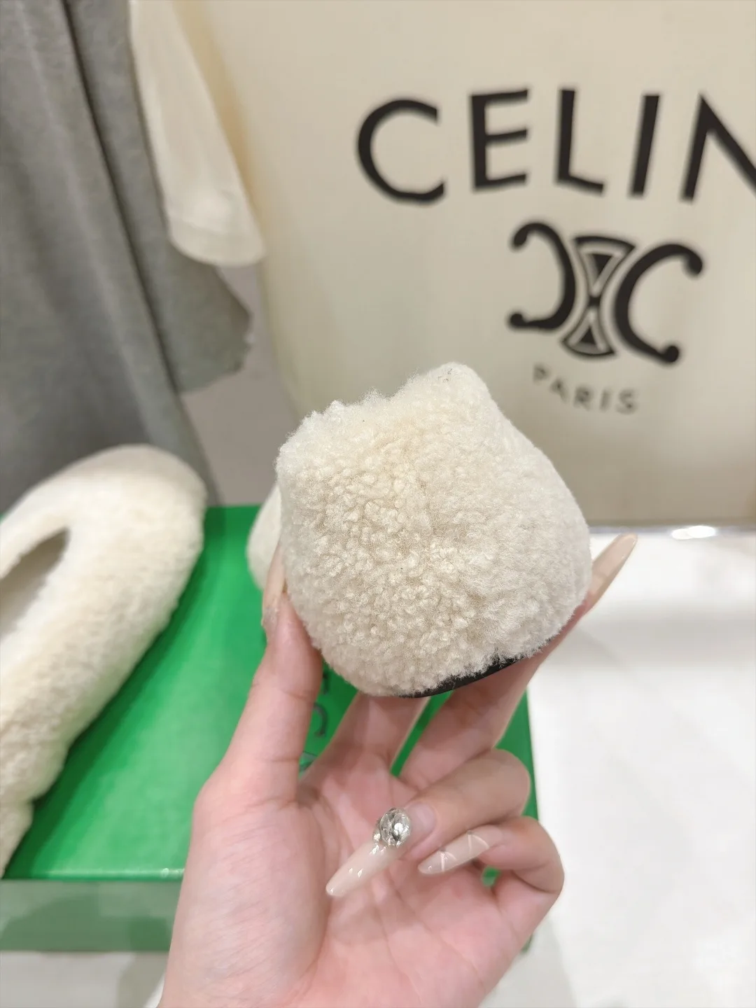Celine Round-Toe Fleece Ballet Flats in Cream · view 8