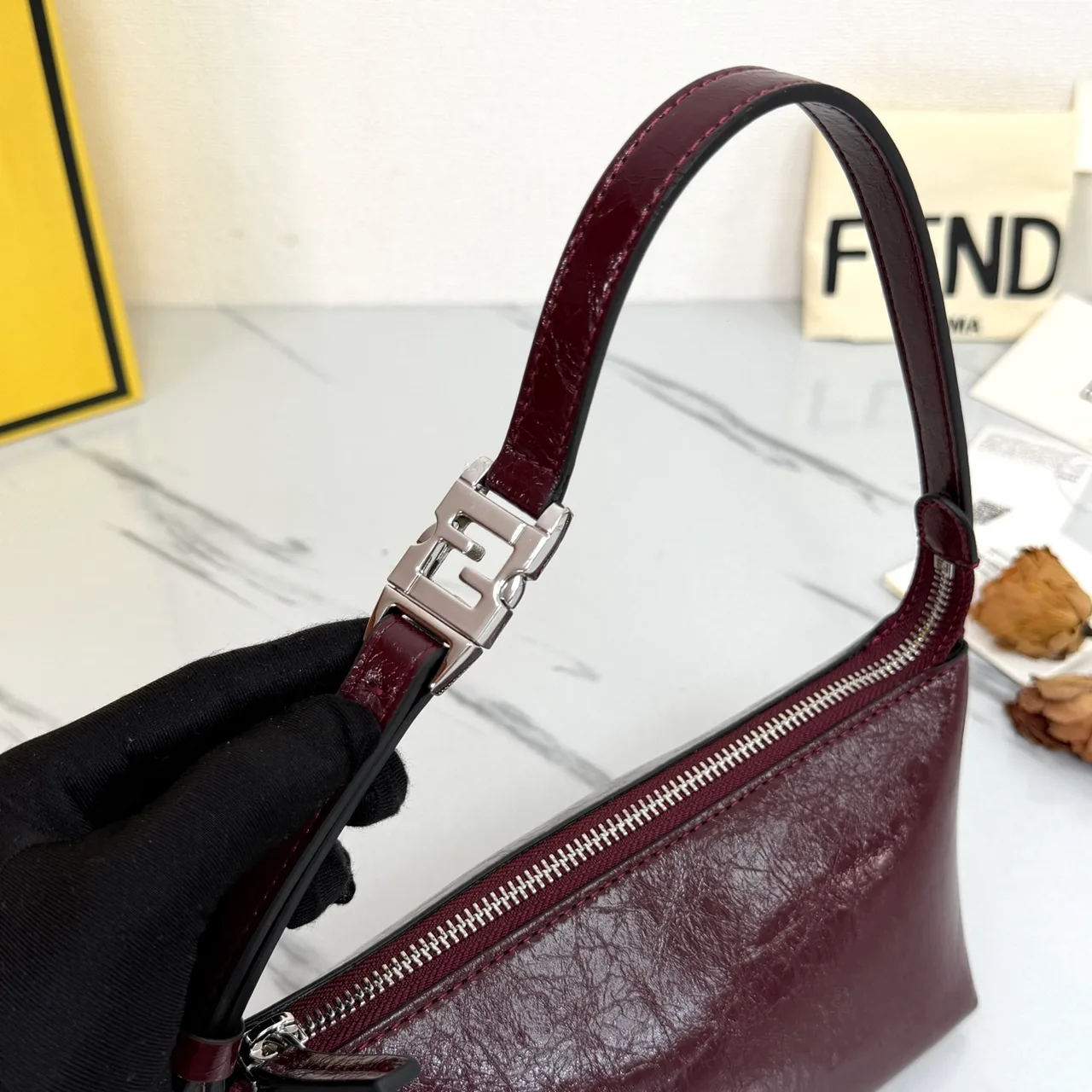 Fendi Baguette Cowhide Glossy Hobo Bag in Burgundy · view 5
