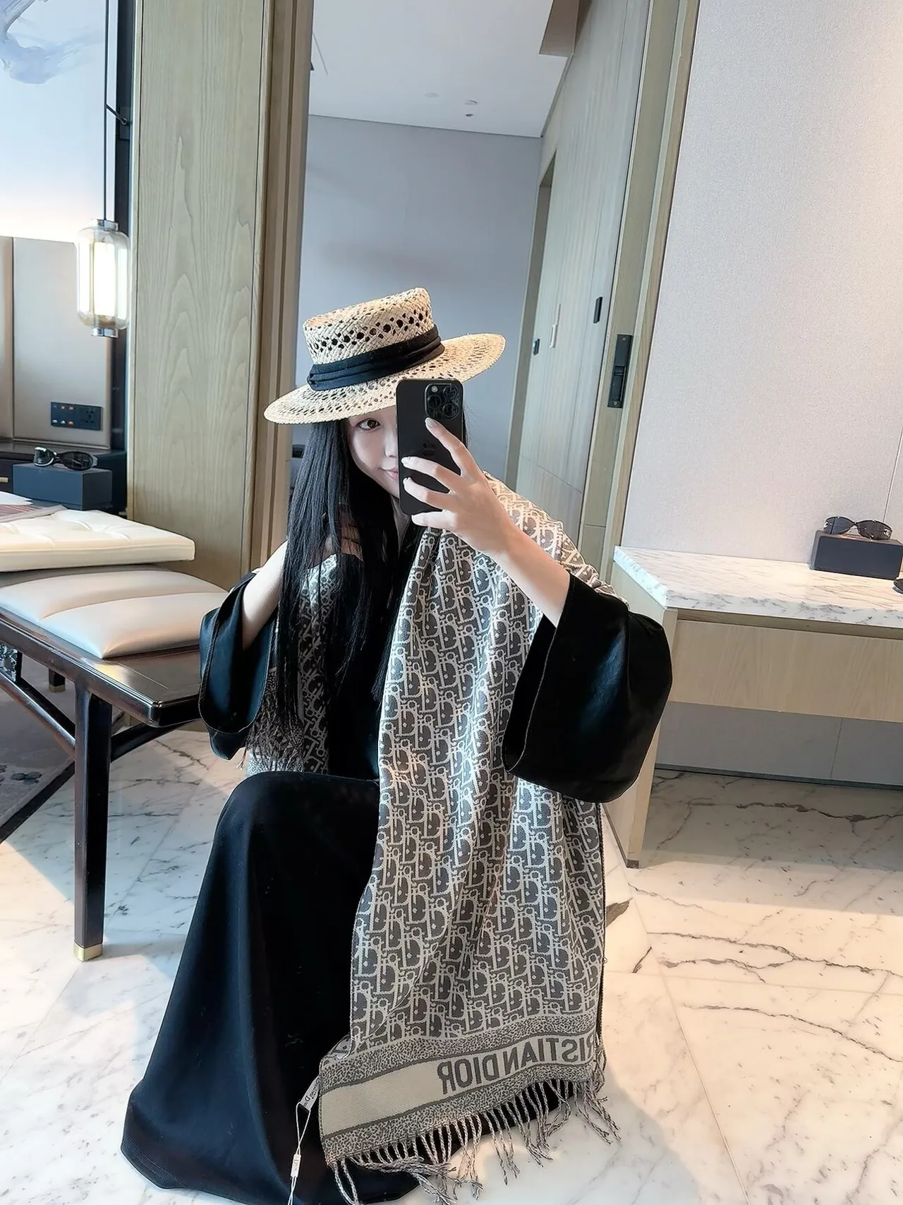 Dior Oblique Fringe Scarf in Grey & Beige · view 1