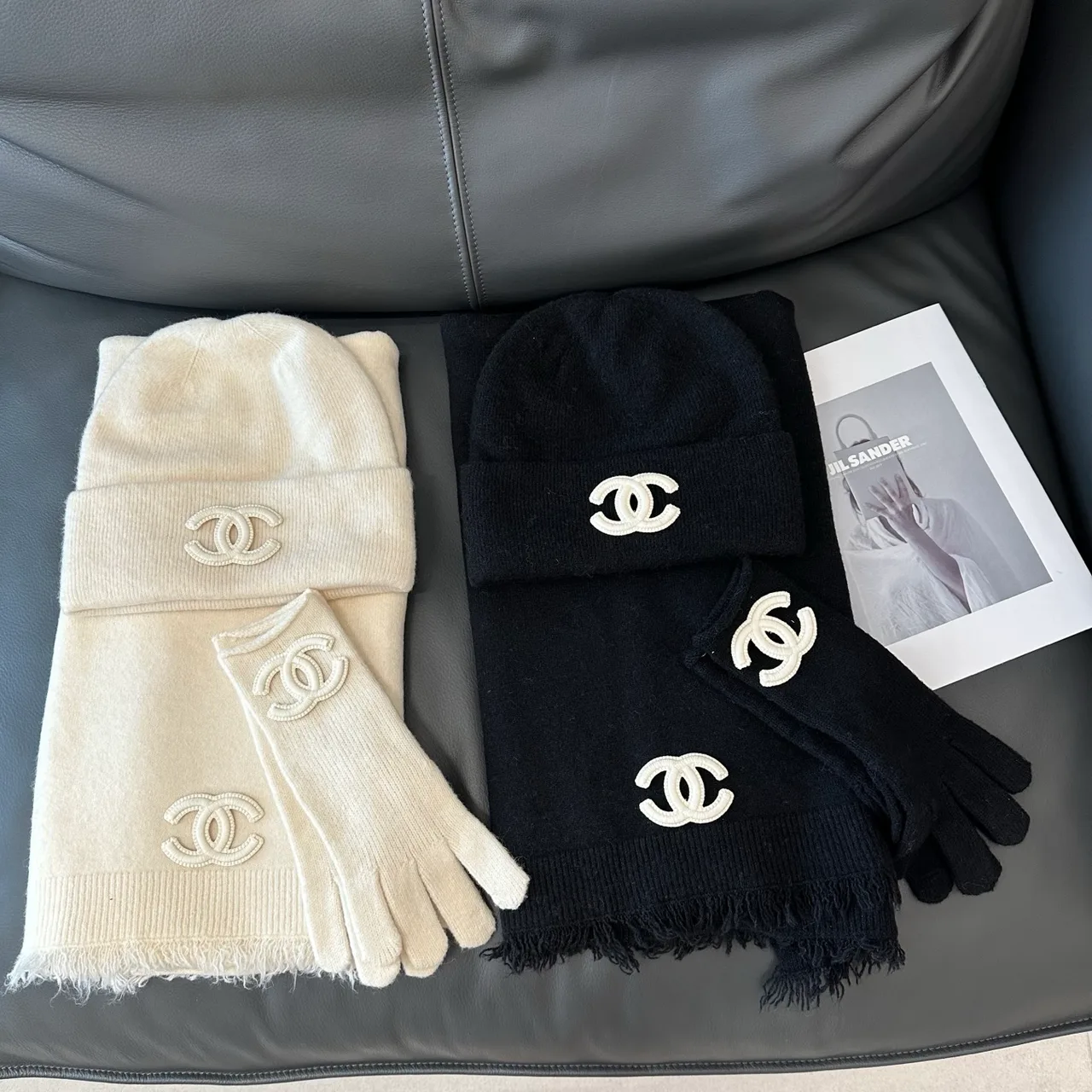 Chanel Hat Scarf and Gloves Set in White & Black & Grey & Beige · view 8