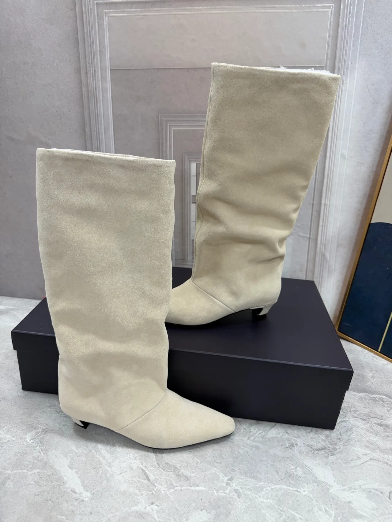 Smooth Round-Toe Knee-High Block-Heel Boots in White · view 3