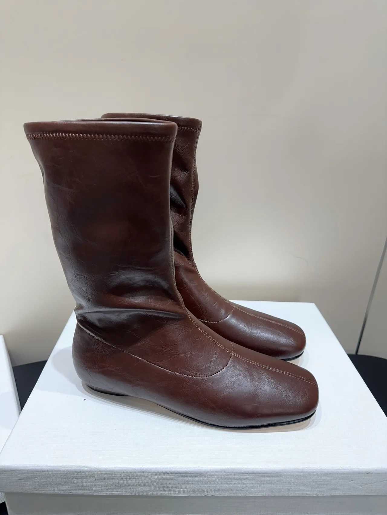 The Row Cowhide Sheepskin Glossy Round-Toe Square-Toe Ankle Boots in Brown · view 3